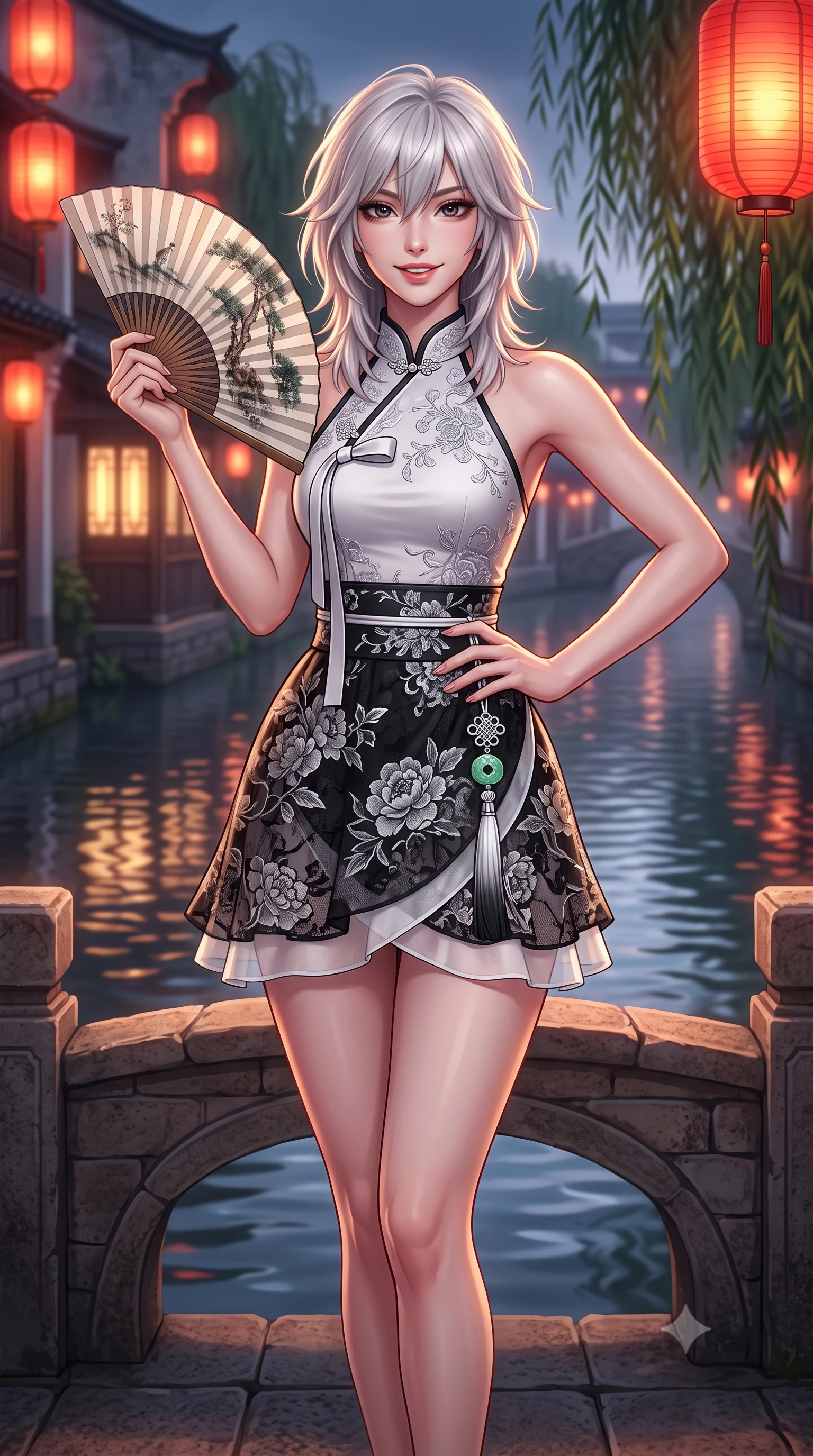 score_9, masterpiece, best quality, ultra-detailed, high-budget anime keyframe, semi-realistic 3D game render, editorial fashion photography, tasteful artistic composition, Japanese woman. close-up cowboy shot from the waist and thighs up, the character dominates the composition, filling the frame with her large presence. twisting her slender torso in an alluring contrapposto stance, one hand resting on her sculpted hip while holding a traditional silk folding fan with effortless poise while standing poised on the ancient arched stone bridge above the clear canal water, arching her spine with sovereign geisha-inspired poise. The background shows a soft-focus rippling canal waters reflecting glowing windows and swaying willow branches softened in romantic Gion shallow focus. She has an exceptionally elegant, slender, and willowy female figure with an ultra-slim waist, flat toned midriff, narrow ribcage, and sculpted feminine hips creating an alluring, slim hourglass silhouette without bulk. sharp v-shaped jawline, high-bridge nose, intricate jewel-like dark sparkling almond eyes with depth, thick lashes, glossy parted lips with a natural rose-plum sheen, bright alluring and coquettish smile with bedroom-eyes, exuding both timeless oriental elegance and sovereign high-fashion allure, flawlessly proportioned anatomical accuracy, strict slender model proportions, natural body alignment, perfectly sculpted long slender limbs, ultra-slim waistline, clean dynamic posture without body distortion. wearing a modern halter-neck fusion hanbok bodice with delicate silver embroidery and a fluttering layered chiffon wrap mini skirt in stark monochrome black and white ink contrast, woven from delicate semi-opaque floral lace with oriental peony patterns, finished with an ornate modern norigae tassel with polished jade and chrome charms resting on her curvy hips, the glove-like silhouette tightly following the natural contour of her hips and long slender legs with youthful 8.5-heads elegance. bathed in the warm nostalgic glow of red paper street lanterns and teahouse window spill. highly saturated vibrant anime colors, detailed shading with soft gradients, rich glossy textures, high-contrast stereoscopic depth, volumetric dynamic lighting, master piece, 9:16 ratio