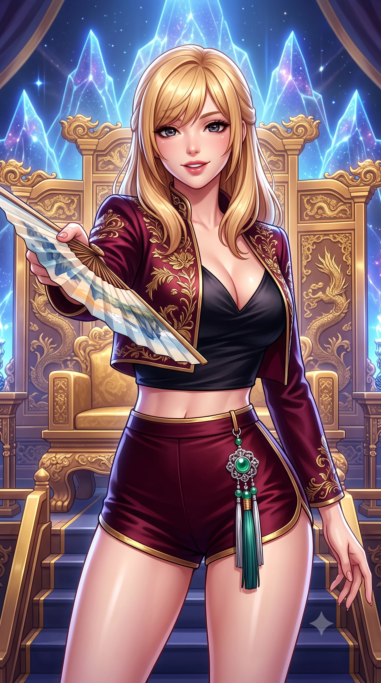 score_9, masterpiece, best quality, ultra-detailed, high-budget anime keyframe, semi-realistic 3D game render, editorial fashion photography, tasteful artistic composition, Caucasian woman. close-up cowboy shot from the waist and thighs up, the character dominates the composition, filling the frame with her large presence. playfully unfurling a painted silk fan toward the lens, her radiant smile capturing fresh girlhood charm while her arched torso reveals an intoxicating hip contour while standing poised before the elevated golden throne dais, arching her spine with sovereign empress majesty as holographic cosmic peaks glow. The surrounding environment is rendered in vivid detail and crisp panoramic clarity: detailed royal gold embroidery, jewelry sparkle, and monumental palace throne architecture in razor-sharp precision. She has an exceptionally elegant, slender, and willowy female figure with an ultra-slim waist, flat toned midriff, narrow ribcage, and sculpted feminine hips creating an alluring, slim hourglass silhouette without bulk. sharp v-shaped jawline, high-bridge nose, intricate jewel-like dark sparkling almond eyes with depth, thick lashes, glossy parted lips with a natural rose-plum sheen, bright alluring and coquettish smile with bedroom-eyes, exuding both timeless oriental elegance and sovereign high-fashion allure, flawlessly proportioned anatomical accuracy, strict slender model proportions, natural body alignment, perfectly sculpted long slender limbs, ultra-slim waistline, clean dynamic posture without body distortion. wearing a cropped embroidered silk jacket worn over a plunging camisole top and tailored high-waisted hot-pants in deep wine burgundy and brushed antique gold, crafted from heavy fluid silk satin with a liquid mirror-like sheen, finished with an ornate modern norigae tassel with polished jade and chrome charms resting on her curvy hips, the form-fitting tailored bodice adhering flawlessly to her sculpted flat midriff and slender torso, emphasizing her long leg lines and perfectly proportioned willowy build. bathed in majestic royal gold and sapphire light radiating from the holographic throne backdrop. highly saturated vibrant anime colors, detailed shading with soft gradients, rich glossy textures, high-contrast stereoscopic depth, volumetric dynamic lighting, master piece, 9:16 ratio