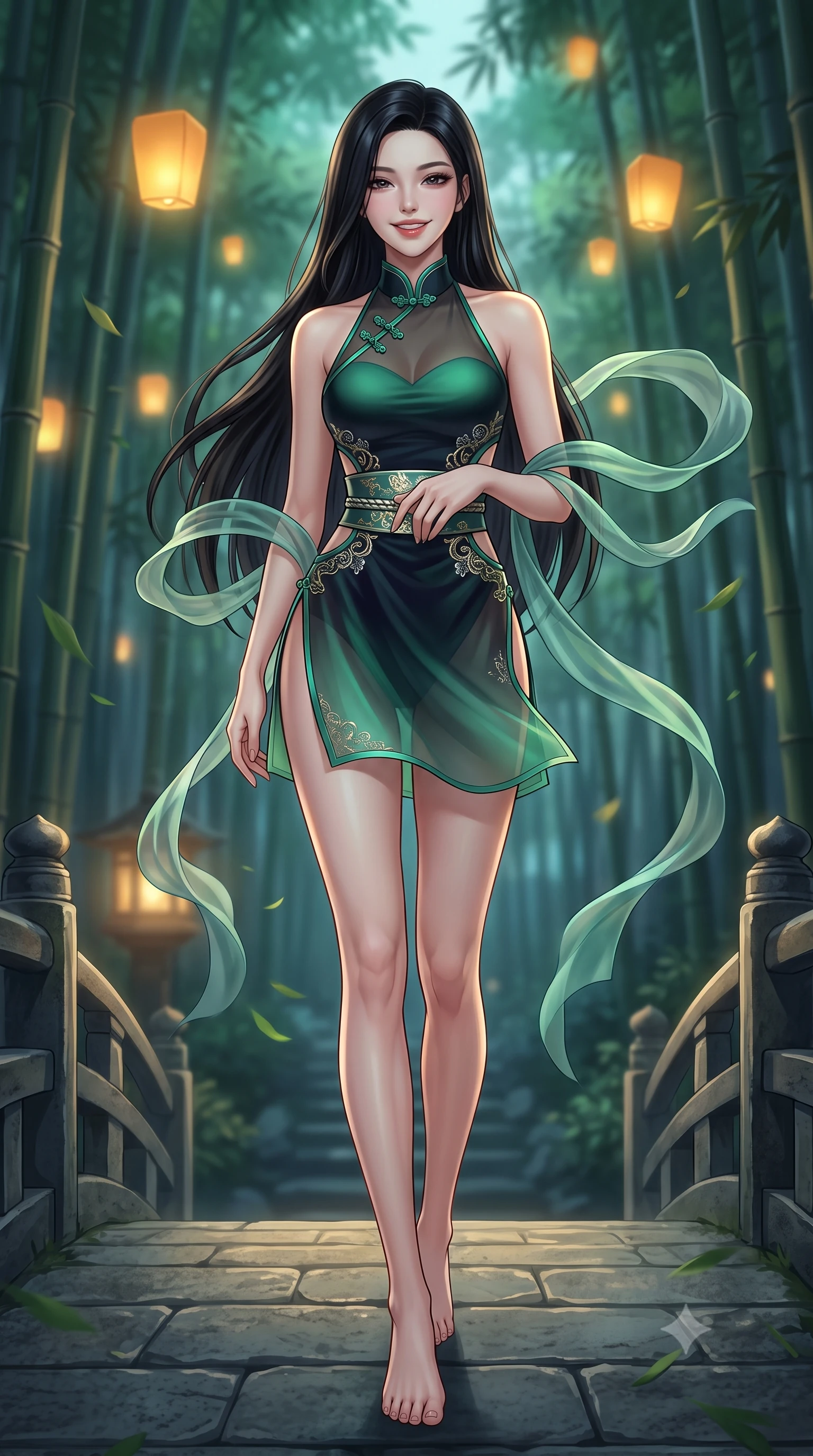 score_9, masterpiece, best quality, ultra-detailed, high-budget anime keyframe, semi-realistic 3D game render, editorial fashion photography, tasteful artistic composition, Korean woman. low angle full-body shot from head to toe showing her feet, filling the entire 9:16 vertical frame with her statuesque presence, stretching her vertical silhouette. stepping forward gracefully across the stone bridge in mid-motion with a radiant beaming smile, hips swaying in an alluring kinetic rhythm that accentuates her curvy hourglass silhouette and long slender legs while pausing mid-stride with one hand touching her obi belt, her statuesque 8.5-heads silhouette commanding the ethereal bamboo cathedral. The background shows a soft-focus floating holographic gold lanterns and gently swaying bamboo leaves softened in serene Kyoto shallow focus. She has an absolutely perfect, statuesque 8.5-heads proportion, an exceptionally tall and slender model-like female figure with impossibly long slender legs, an ultra-slim waist, a flat toned midriff, narrow delicate ribcage, and beautifully sculpted feminine hips creating a graceful, slim hourglass silhouette without any bulky heaviness. sharp v-shaped jawline, high-bridge nose, intricate jewel-like dark sparkling almond eyes with depth, thick lashes, glossy parted lips with a natural rose-plum sheen, bright alluring and coquettish smile with bedroom-eyes, exuding both timeless oriental elegance and sovereign high-fashion allure, flawlessly proportioned anatomical accuracy, strict slender model proportions, natural body alignment, perfectly sculpted long slender limbs, ultra-slim waistline, clean dynamic posture without body distortion. wearing a backless halter qipao mini dress with delicate frog-button closures and side waist cutouts framing her hourglass curves in deep midnight obsidian and luminous imperial jade green, tailored from sheer gossamer silk organza with an airy weightless flutter, accented with flowing gossamer silk ribbons that flutter dynamically in the evening breeze, the precision-cut side hip slits and low-back scoop framing her graceful spine and the sensual sweep of her slim, toned hips. bathed in soft floating amber lantern light and cool moonlit emerald forest canopy fill. highly saturated vibrant anime colors, detailed shading with soft gradients, rich glossy textures, high-contrast stereoscopic depth, volumetric dynamic lighting, master piece, 9:16 ratio