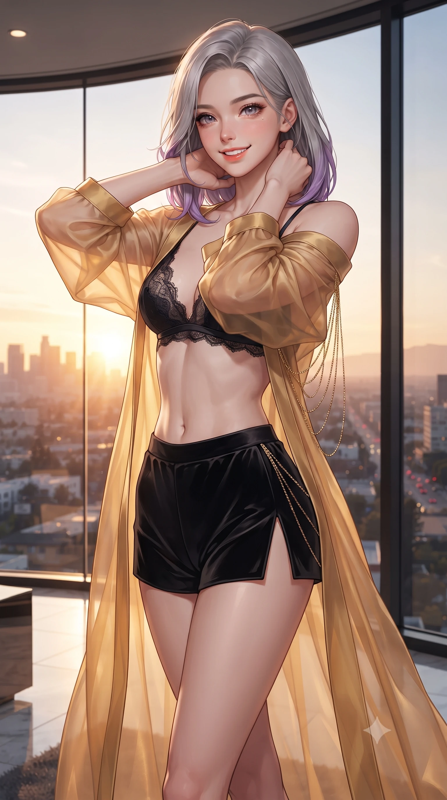score_9, masterpiece, best quality, ultra-detailed, high-budget anime keyframe, editorial fashion photography, tasteful artistic composition, Caucasian woman. close-up cowboy shot from the waist and thighs up, the character dominates the composition, filling the frame with her large presence. resting both hands lightly behind her neck with elbows raised, arching her spine to highlight her narrow waist, flat midriff, and breathtaking collarbones while walking slowly toward the panoramic window overlooking Sunset Boulevard, turning with a supermodel pivot that highlights her slim waist. The surrounding environment is rendered in vivid detail and crisp panoramic clarity: detailed sheer Chantilly lace halter teddy texture, low scoop back, and master interior architecture in high resolution. She has an exceptionally elegant, slender, and willowy female figure with an ultra-slim waist, flat toned midriff, narrow ribcage, and sculpted feminine hips creating an alluring, slim hourglass silhouette without bulk. sharp v-shaped jawline, high-bridge nose, intricate jewel-like sparkling eyes with depth, thick eyelashes, glossy parted lips with a natural peach sheen, bright cheerful beaming smile with an enchanting and coquettish sensual glint, exuding both youthful cute charm and seductive allure, flawlessly proportioned anatomical accuracy, strict slender model proportions, natural body alignment, perfectly sculpted long slender limbs, ultra-slim waistline, clean dynamic posture without body distortion. wearing a sheer silk organza modern caftan robe worn loose and slipping off bare shoulders over a matching satin bralette and micro-shorts in Cheongdam modern noir black and molten gold, tailored from ultra-plush silk velvet with rich tactile depth and deep shadow gradients, accented with an open-back drape framed by falling strands of delicate gold chains, the high-slit wrap tailoring accentuating her ultra-slim waistline and the enchanting curve of her feminine hips with alluring seductive charm. illuminated by polished mirror bounce fill and sharp rose-gold rim lights sculpting her jawline, narrow waist, and curvy hips. ultra-reflective glossy finish, specular highlights, rich textural contrasts, high-contrast stereoscopic depth, volumetric dynamic lighting, 2k, ultra detail, master piece, 9:16 ratio