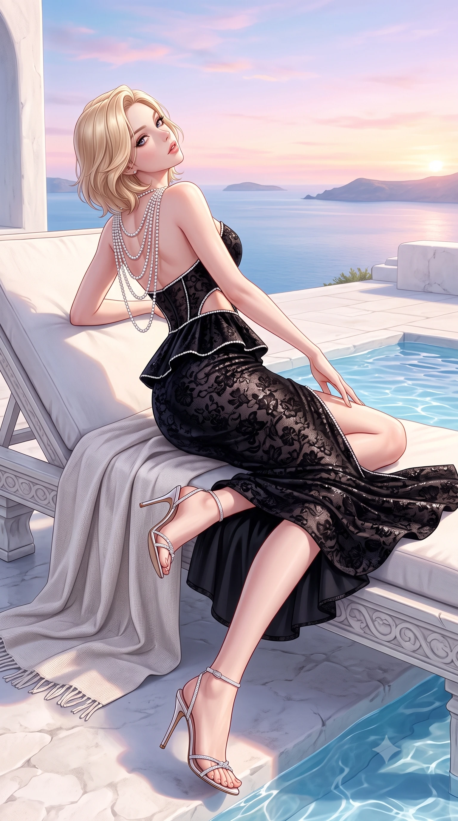 score_9, masterpiece, best quality, ultra-detailed, high-budget anime keyframe, semi-realistic 3D game render, editorial fashion photography, tasteful artistic composition, Caucasian woman. low angle full-body shot from head to toe showing her feet, filling the entire 9:16 vertical frame with her statuesque presence, stretching her vertical silhouette. executing an elegant mid-motion pivot turn as garments swirl around her slender limbs, glancing over her shoulder with an intoxicating bedroom-gaze while reclining languidly on a white stone sunbed with one knee raised, head tilted back toward the pastel Aegean skies with parted lips. The surrounding environment is rendered in vivid detail and crisp panoramic clarity. detailed linen dress weave, pool water ripple clarity, and sunset horizon gradients in high resolution. She has an exceptionally tall and slender model-like 8.5-heads proportion, an ultra-slim waist, a flat toned midriff, narrow delicate ribcage, and beautifully sculpted feminine hips creating a graceful, slim hourglass silhouette without any bulky heaviness, with impossibly long slender legs. sharp v-shaped jawline, high-bridge nose, intricate jewel-like eyes with depth, thick eyelashes, glossy parted lips with a natural sheen, intensely captivating and seductive bedroom-eyes expression, flawlessly proportioned anatomical accuracy, strict slender model proportions, natural body alignment, perfectly sculpted long slender limbs, ultra-slim waistline, clean dynamic posture without body distortion. wearing a modern peplum corset dress with side-waist diamond cutouts and an ultra-tight silhouette in pitch-black velvet with diamond crystal trim, formed from shimmering floral lace over smooth opaque silk lining, accented with a multi-strand pearl back necklace cascading down her bare spine to her hips, the liquid-tight tailored fabric clinging flawlessly to her narrow waist and rounded feminine hips, emphasizing every millimeter of her sculpted slim hourglass curves without any bulky heaviness. surrounded by an idyllic, sun-drenched, and breathlessly romantic Aegean goddess aura. highly saturated vibrant anime colors, detailed shading with soft gradients, rich glossy textures, high-contrast stereoscopic depth, volumetric dynamic lighting, master piece, 9:16 ratio