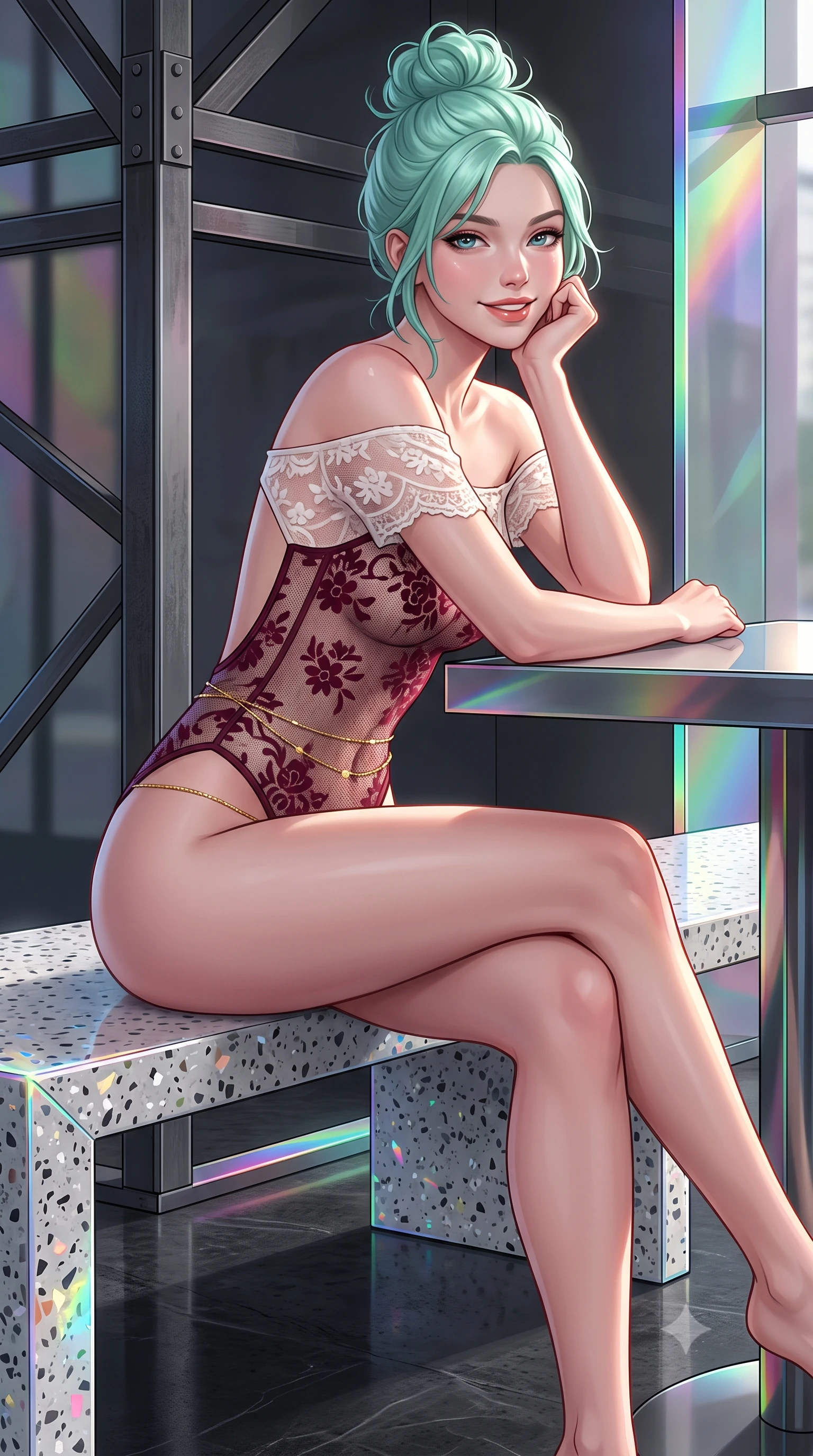 score_9, masterpiece, best quality, ultra-detailed, high-budget anime keyframe, editorial fashion photography, tasteful artistic composition, Japanese woman. close-up cowboy shot from the waist and thighs up, the character dominates the composition, filling the frame with her large presence. resting one elbow on the table and supporting her chin, leaning close to the camera with heavy-lidded sparkling eyes and parted lips while sitting perched gracefully on the polished terrazzo bench with legs crossed, flashing a radiant, playful smile with parted glossy lips. The surrounding environment is rendered in vivid detail and crisp panoramic clarity: sharp steel quasi-brick structural joints, dichroic glass edge bevels, and mirror-polished black concrete floor grain in deep focus. She has an exceptionally elegant, slender, and willowy female figure with an ultra-slim waist, flat toned midriff, narrow ribcage, and sculpted feminine hips creating an alluring, slim hourglass silhouette without bulk. sharp v-shaped jawline, high-bridge nose, intricate jewel-like sparkling eyes with depth, thick eyelashes, glossy parted lips with a natural peach sheen, bright cheerful beaming smile with an enchanting and coquettish sensual glint, exuding both youthful cute charm and seductive allure, flawlessly proportioned anatomical accuracy, strict slender model proportions, natural body alignment, perfectly sculpted long slender limbs, ultra-slim waistline, clean dynamic posture without body distortion. wearing an off-the-shoulder sheer-illusion Spanish lace bodysuit with strategic floral flocking and high-cut leg openings in Belvedere ivory pearl and Habsburg bordeaux wine, woven from fine semi-opaque stretch illusion mesh tracing her slender contours, accented with a dainty gold belly chain resting across her flat midriff and curving hips, the precision-cut side openings and low-back scoop framing her graceful spine and the sensual sweep of her slim, toned hips. illuminated by glass floor reflection bounce and sharp prism-rainbow rim lights defining her razor-sharp jawline, narrow waist, and curvy hips. ultra-reflective glossy finish, specular highlights, rich textural contrasts, high-contrast stereoscopic depth, volumetric dynamic lighting, 2k, ultra detail, master piece, 9:16 ratio