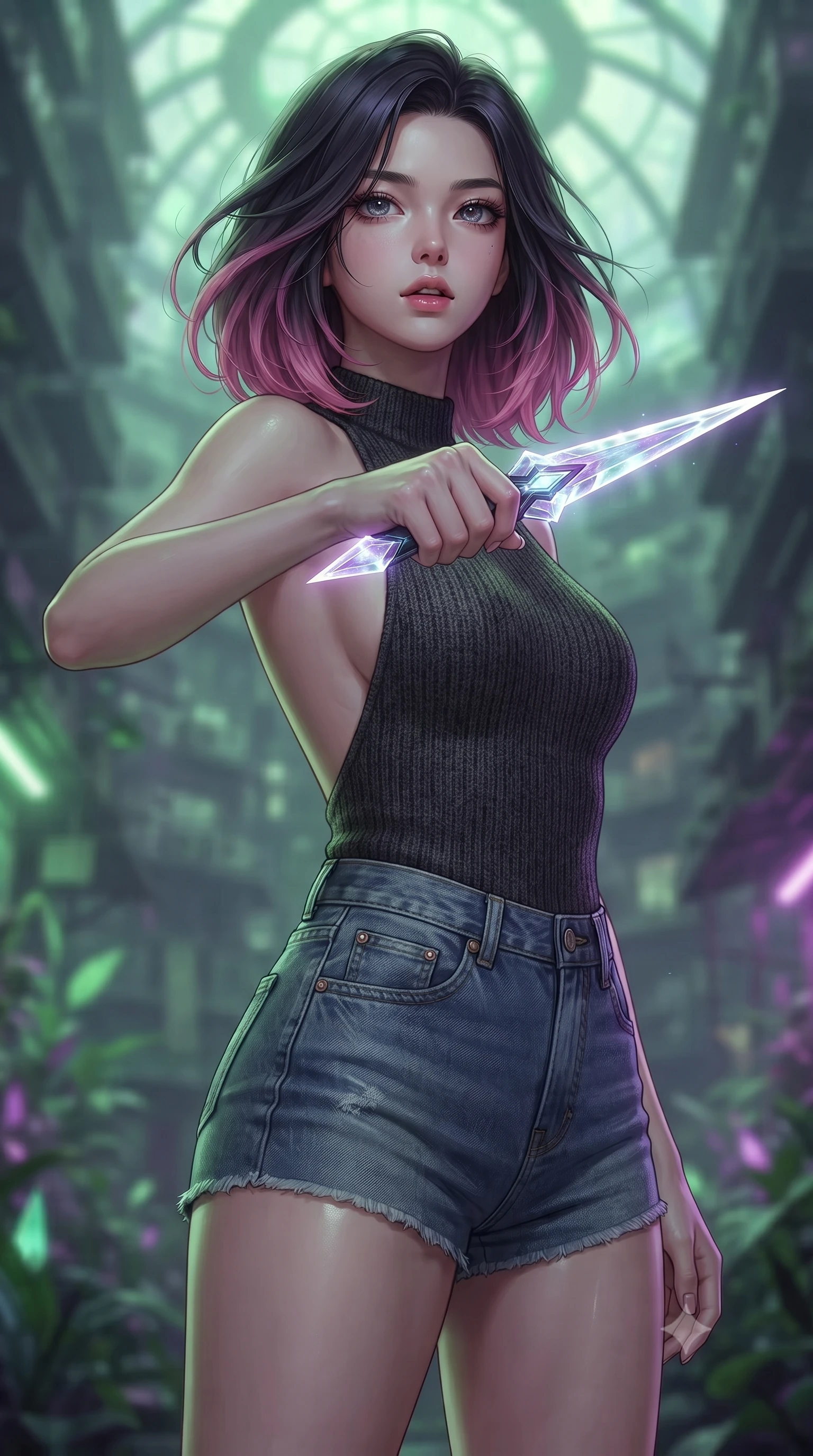 score_9, masterpiece, best quality, ultra-detailed, high-budget anime keyframe, editorial fashion photography, tasteful artistic composition, Korean woman. close-up cowboy shot from the waist and thighs up, the character dominates the composition, filling the frame with her large presence, background elements kept in soft focus. pointing a crystal-edged laser dagger forward in a defensive stance, tilting her chin up slightly with lips parted in a composed pose, the background shows a soft-focus a cybernetic greenhouse dome hidden between concrete tenements. She has an exceptionally elegant, slender, and willowy female figure with an ultra-slim waist, a gracefully sculpted slender torso, and a refined silhouette. sharp v-shaped jawline, high-bridge nose, intricate jewel-like eyes with depth, thick eyelashes, glossy lips with a natural sheen. wearing a body-hugging backless carbon-fiber knit top in charcoal wool, paired with high-waisted denim micro-shorts. soft green and purple bioluminescent plant glow casting an organic, eerie wash. ultra-reflective glossy finish, specular highlights, metallic sheen, high-contrast stereoscopic depth, volumetric dynamic lighting, 2k, ultra detail, master piece, 9:16 ratio