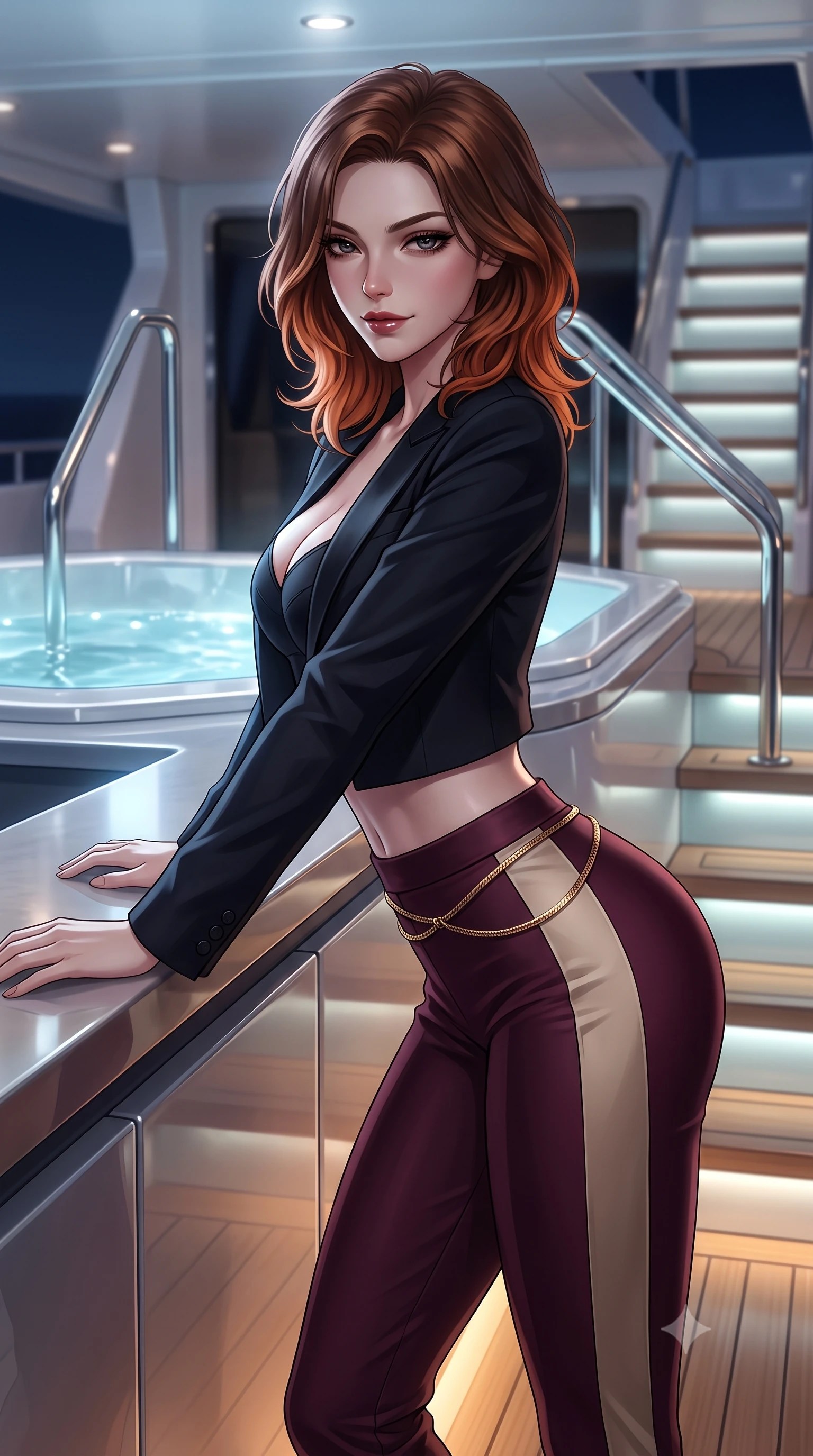 score_9, masterpiece, best quality, ultra-detailed, high-budget anime keyframe, editorial fashion photography, tasteful artistic composition, Korean woman. close-up cowboy shot from the waist and thighs up, the character dominates the composition, filling the frame with her large presence. leaning forward over the counter while arching her lower back to accentuate her curvy hips, looking into the lens with a dangerous smoldering half-smile and bedroom-eyes while twisting her slender torso in an alluring S-curve beside the illuminated glass jacuzzi, midnight sea breezes molding her gown to her hips and waist. The composition keeps background elements in soft focus with dreamy creamy bokeh. sleek yacht chrome handrails and backlit frosted glass steps softened in high-seas luxury shallow focus. She has an exceptionally elegant, slender, and willowy female figure with an ultra-slim waist, flat toned midriff, narrow ribcage, and sculpted feminine hips creating an alluring, slim hourglass silhouette without bulk. sharp v-shaped jawline, high-bridge nose, intricate jewel-like dark sparkling eyes with dangerous depth, thick curled eyelashes, glossy parted lips with a rich wine sheen, smoldering seductive half-smile with bedroom-eyes, exuding effortless superiority and intoxicating dark allure, flawlessly proportioned anatomical accuracy, strict slender model proportions, natural body alignment, perfectly sculpted long slender limbs, ultra-slim waistline, clean dynamic posture without body distortion. wearing a tailored cropped midnight-black tuxedo blazer worn over a structured bustier top and high-waisted cigarette trousers in dark mulberry wine and antique champagne, made of liquid-tight stretch jersey emphasizing every curve of her body, finished with a delicate gold snake chain belt resting loosely across her curvy hips, the form-contouring cut accentuating her sculpted flat midriff, narrow delicate ribcage, and gracefully curvy hips with sovereign high-fashion precision. bathed in cold silver moonlight from above and warm low-level teak deck LED wash. ultra-reflective glossy finish, specular highlights, rich textural contrasts, high-contrast stereoscopic depth, volumetric dynamic lighting, 2k, ultra detail, master piece, 9:16 ratio