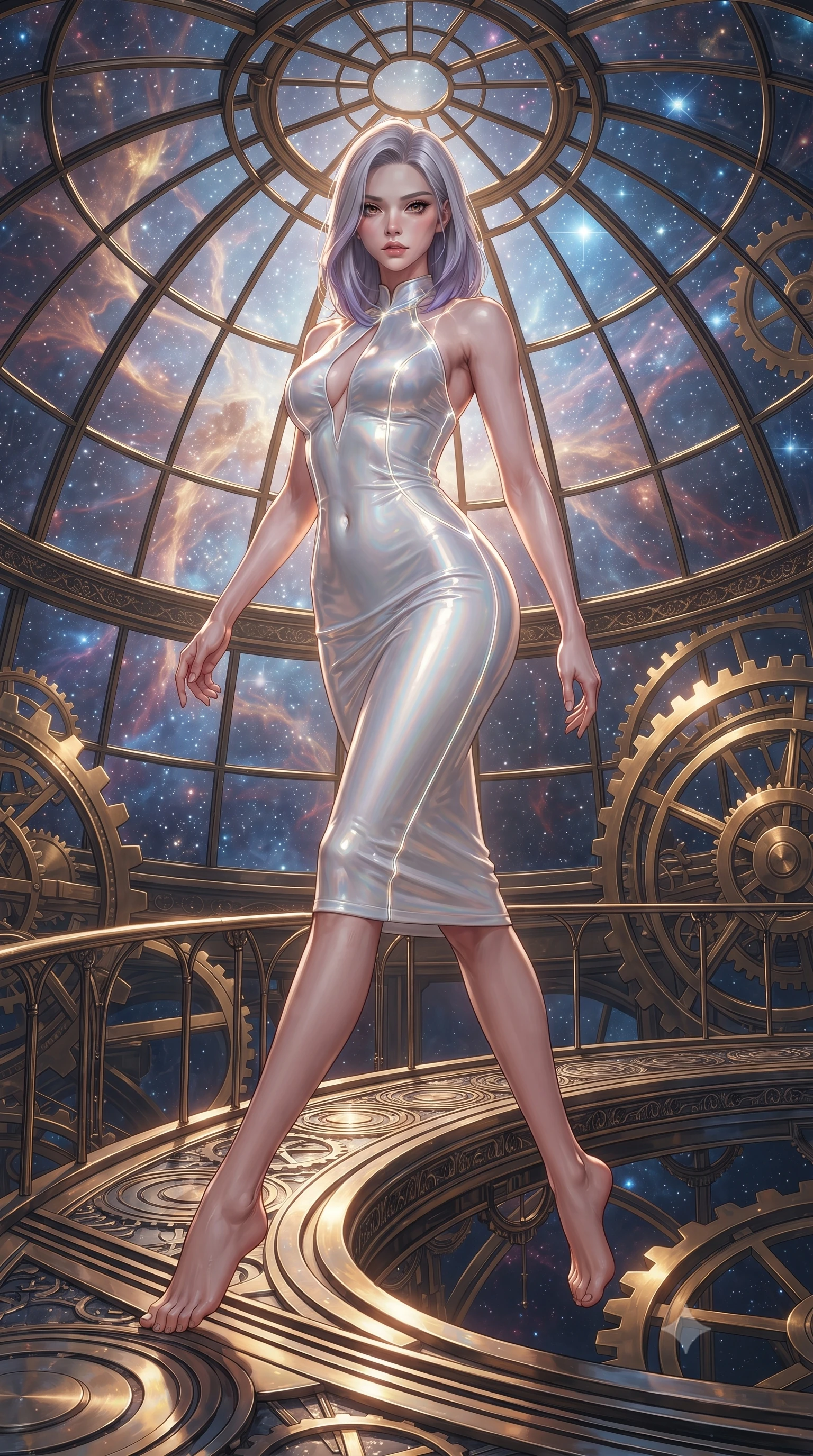 score_9, masterpiece, best quality, ultra-detailed, high-budget anime keyframe, editorial fashion photography, tasteful artistic composition, Caucasian woman. low angle full-body shot from head to toe showing her feet, filling the entire 9:16 vertical frame with her statuesque presence, stretching her vertical silhouette. performing an alluring mid-air vault with flawless poise, looking directly into the camera with smoldering intensity while stepping along a curved mezzanine walkway under a soaring glass dome catching brilliant starlight and moonlight. The surrounding environment is rendered in vivid detail and crisp panoramic clarity. sharp glass dome framing, detailed telescope gears, and cosmic nebula filaments in high clarity. She has an absolutely perfect, statuesque 8.5-heads proportion, an exceptionally tall and slender model-like female figure with impossibly long slender legs, a toned flat midriff, and an ultra-slim waist. sharp v-shaped jawline, high-bridge nose, intricate jewel-like eyes with depth, thick eyelashes, glossy lips with a natural sheen, flawlessly proportioned anatomical accuracy, strict slender model proportions, natural body alignment, perfectly sculpted long slender limbs, ultra-slim waistline, clean dynamic posture without body distortion. wearing a velvet halter-neck midi dress fitting her statuesque contour flawlessly with a Tasteful chest slit and open spine in glistening liquid pearl white with rainbow opalescence, formed from high-gloss patent material with specular light reflections, accented with glowing fiber-optic seams tracing her collarbones and hip curves, the liquid-tight tailored fabric emphasizing every curve of her tall, slender model proportions and sculptured silhouette during dynamic movement. bathed in warm golden brass reflections and radiant sapphire starlight ambient fill. ultra-reflective glossy finish, specular highlights, metallic sheen, high-contrast stereoscopic depth, volumetric dynamic lighting, 2k, ultra detail, master piece, 9:16 ratio