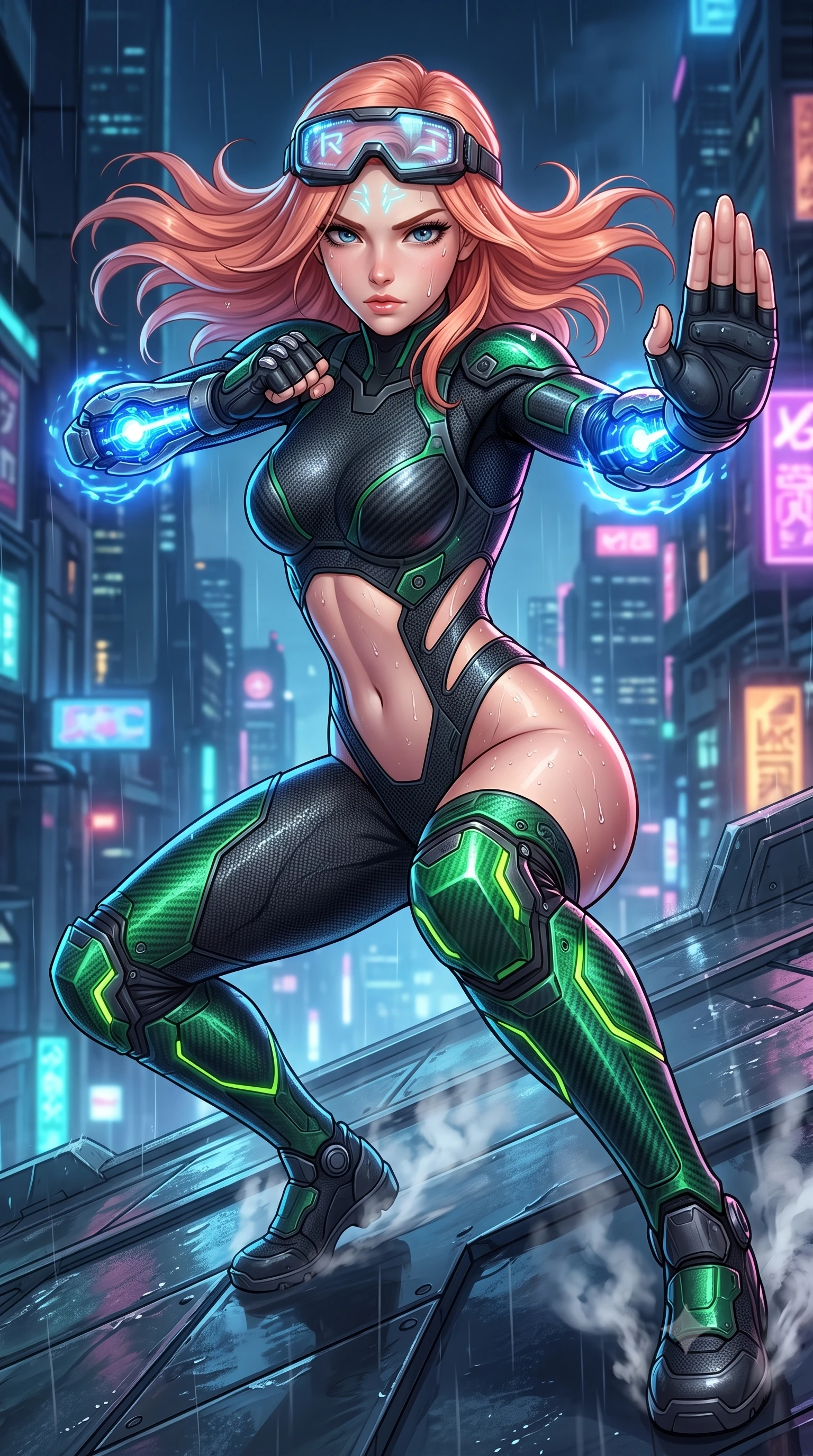 score_9, masterpiece, best quality, ultra-detailed, high-budget anime keyframe, semi-realistic 3D game render, editorial fashion photography, tasteful artistic composition, Japanese woman. close-up cowboy shot from the waist and thighs up, the character dominates the composition, filling the frame with her large presence. twisting her upper body in a dynamic S-curve martial arts stance, cybernetic elbow dampers glowing with blue energy as she aims a focused palm strike while pivoting dynamically on the slanted metal plating as steam hisses from cooling hydraulics beneath her boots. The surrounding environment is rendered in vivid detail and crisp panoramic clarity. sharp hydraulic piston seams, rain droplet tracks on skin, and battle-scuffed armor details in high clarity. She has an exceptionally elegant, slender, and willowy female figure with an ultra-slim waist, a gracefully sculpted slender torso, toned flat midriff, and a refined slim silhouette. sharp v-shaped jawline, high-bridge nose, intricate jewel-like eyes with depth, thick eyelashes, glossy lips with a natural sheen, fierce and resolute heroine expression, flawlessly proportioned anatomical accuracy, strict slender model proportions, natural body alignment, perfectly sculpted long slender limbs, ultra-slim waistline, clean dynamic posture without body distortion. wearing high-tech holographic tactical goggles resting tipped up on her forehead, casting glowing neon runes across her brow without obscuring her features, paired with a form-contouring high-mobility battle-suit featuring sculpted carbon chest plating, diagonal midriff ventilation cutouts, and kinetic knee vambraces in toxic emerald green carbon composite with glowing lime warning channels, tailored from flexible second-skin ballistic carbon-mesh adhering flawlessly to her athletic build, detailed with kinetic shock-dampening knuckle guards and polished chrome connection joints, the sleek second-skin cut tightly hugging her graceful clavicle, narrow waist, and feminine curves with athletic precision. illuminated by crisp specular highlights sharply tracing her sculpted flat midriff, waist, and long slender legs. rich saturated anime colors with glowing neon highlights, detailed shading with soft gradients, rich glossy textures, high-contrast stereoscopic depth, volumetric dynamic lighting, master piece, 9:16 ratio