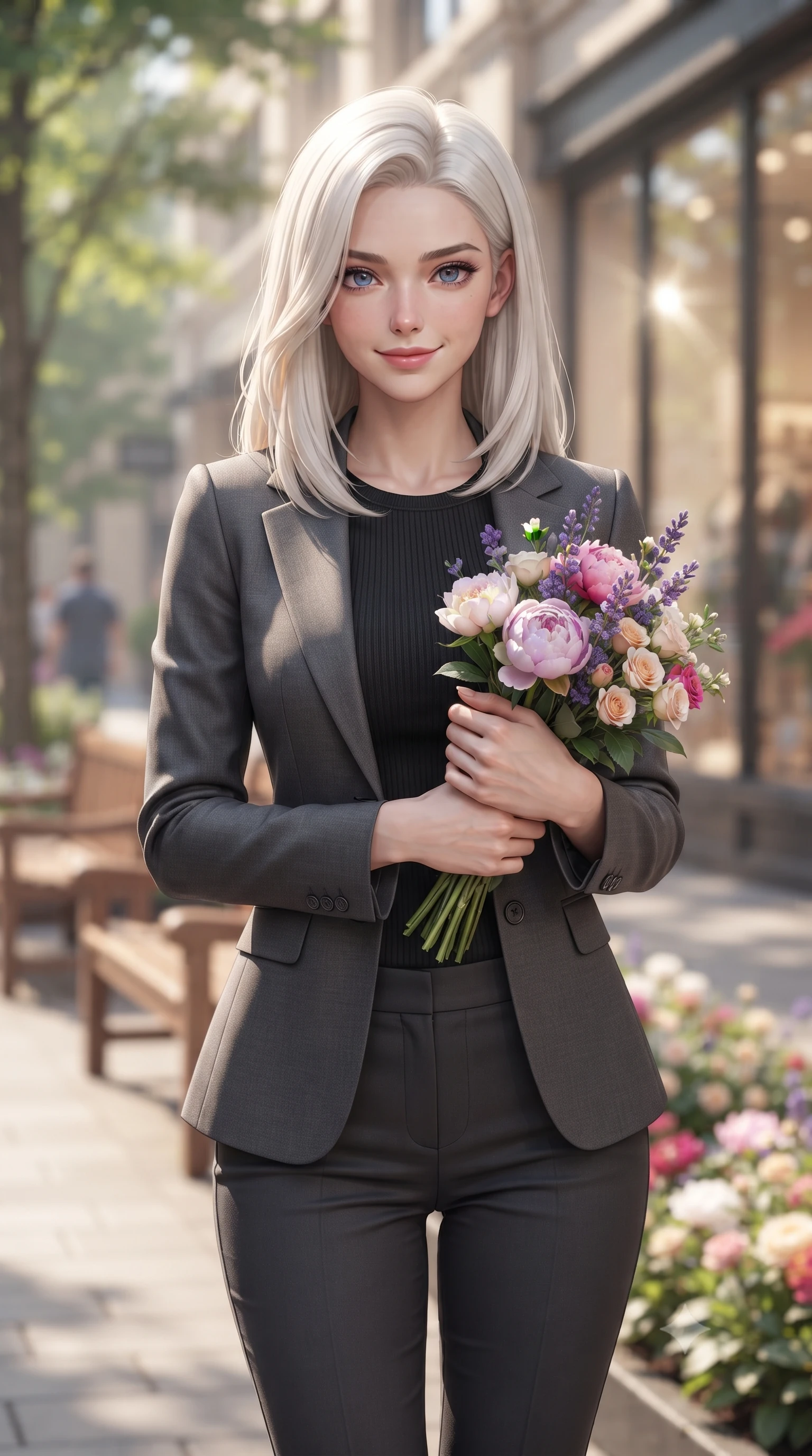 score_9, masterpiece, best quality, ultra-detailed, high-budget anime keyframe, editorial fashion photography, tasteful artistic composition, Caucasian woman. close-up cowboy shot from the waist and thighs up, the character dominates the composition, filling the frame with her large presence, background elements kept in soft focus. smiling warmly with a soft, affectionate expression, making cute eye contact set against a soft-focus background of on a leafy shopping avenue with wooden benches and flower beds holding a small bouquet of fresh flowers bought from a street vendor. She has an exceptionally elegant, slender, and willowy female figure with an ultra-slim waist, a gracefully sculpted slender torso, and a refined silhouette. sharp v-shaped jawline, high-bridge nose, intricate jewel-like eyes with depth, thick eyelashes, glossy lips with a natural sheen. wearing form-contouring tight-fitting tailored blazer in charcoal, closed over a body-hugging black top and slim trousers. bright afternoon sunbeams creating sharp reflections on the glass shop windows. ultra-reflective glossy finish, specular highlights, metallic sheen, high-contrast stereoscopic depth, volumetric dynamic lighting, 2k, ultra detail, master piece, 9:16 ratio