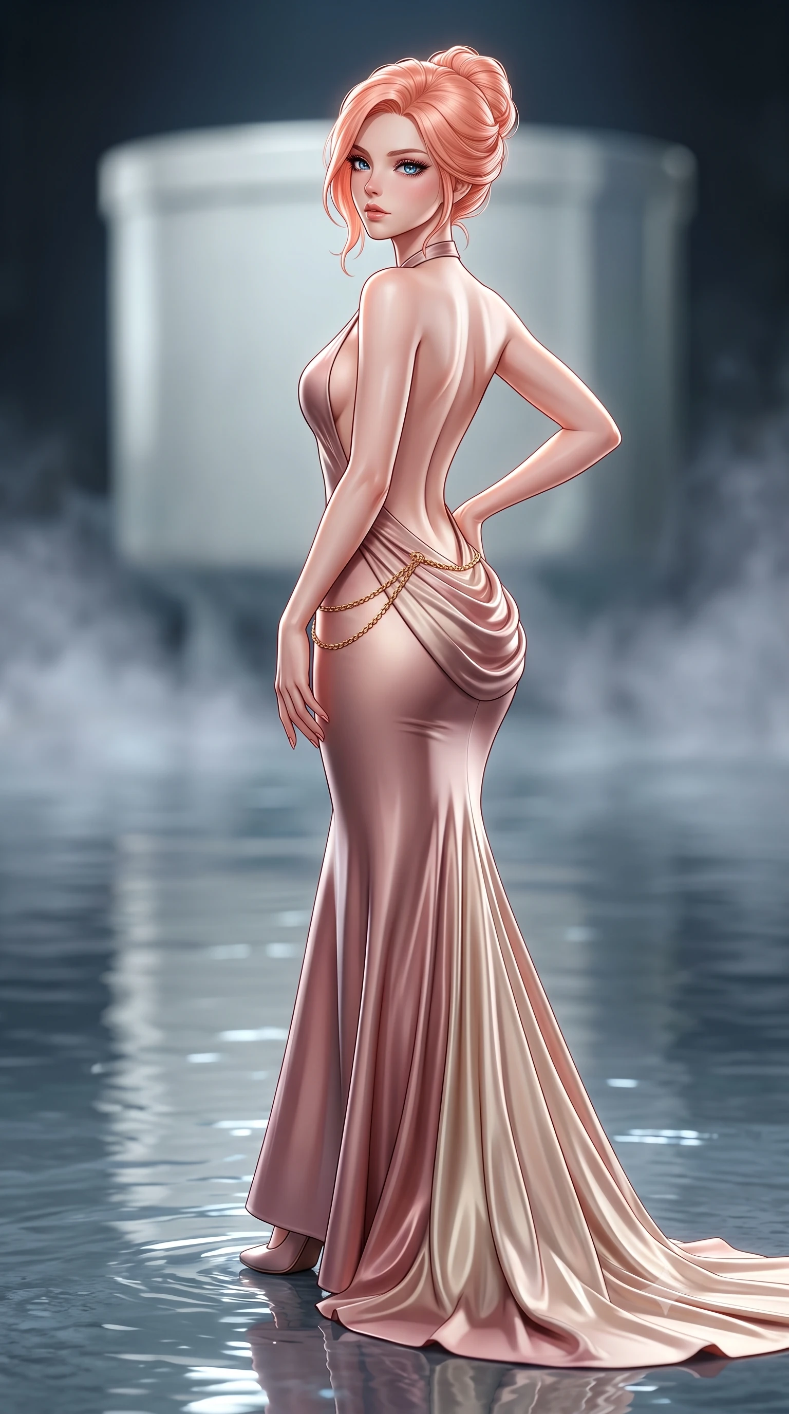 score_9, masterpiece, best quality, ultra-detailed, high-budget anime keyframe, semi-realistic 3D game render, editorial fashion photography, tasteful artistic composition, Japanese woman. close-up cowboy shot from the waist and thighs up, the character dominates the composition, filling the frame with her large presence. tilting her chin up with proud, sovereign allure while gazing through thick eyelashes, one hand resting on her waist in pure supermodel charisma while striding across the reflective wet subterranean floor, her aerodynamic liquid-finish gown clinging to her narrow waist and long slender legs. The composition keeps background elements in soft focus with creamy bokeh. water surface sheen on the vast cistern floor and rising subterranean mist softened in monumental minimalist shallow focus. She has an exceptionally elegant, slender, and willowy female figure with an ultra-slim waist, flat toned midriff, narrow ribcage, and sculpted feminine hips creating an alluring, slim hourglass silhouette without bulk. sharp v-shaped jawline, high-bridge nose, intricate jewel-like eyes with depth, thick eyelashes, glossy parted lips with a natural sheen, intensely captivating and seductive bedroom-eyes expression, flawlessly proportioned anatomical accuracy, strict slender model proportions, natural body alignment, perfectly sculpted long slender limbs, ultra-slim waistline, clean dynamic posture without body distortion. wearing an open-back duchess satin gala gown with a dramatic hip-hugging drape and cascading trailing hem in dusky blush rose and champagne shimmer, tailored from water-resistant treated wool gabardine and flexible stretch silk, accented with a delicate gold chain belt resting loosely on her curvy hips, the dramatically scooped open back descending to the base of her spine, accentuating her razor-sharp statuesque lines and slim hourglass silhouette. illuminated by wet floor specular reflections sharply carving her razor-sharp jawline, narrow waist, and curvy hips. highly saturated vibrant anime colors, detailed shading with soft gradients, rich glossy textures, high-contrast stereoscopic depth, volumetric dynamic lighting, master piece, 9:16 ratio