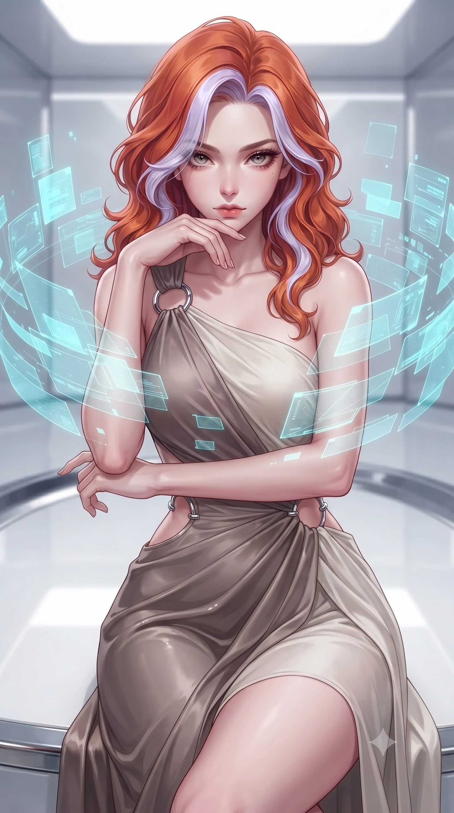 score_9, masterpiece, best quality, ultra-detailed, high-budget anime keyframe, editorial fashion photography, tasteful artistic composition, Caucasian woman. close-up cowboy shot from the waist and thighs up, the character dominates the composition, filling the frame with her large presence, background elements kept in soft focus. Resting her chin on the backs of her fingers, casting a sharp, mysterious gaze manipulating floating translucent cyan hologram data shards in a void, sleek reflective white and chrome surfaces emphasizing ultra-clean lines. She has an exceptionally elegant, slender, and willowy female figure with an ultra-slim waist, a gracefully sculpted slender torso, and a refined silhouette. sharp v-shaped jawline, high-bridge nose, intricate jewel-like eyes with depth, thick eyelashes, glossy lips with a natural sheen. wearing an asymmetrical Grecian draped chiffon gown with a metallic shoulder ring in muted taupe and soft ivory, made of premium stretch velvet with a rich sheen, accented with delicate chrome ring hardware framing her waist, the tailored fabric tightly following every curve of her athletic build. surrounded by a crisp high-tech illumination highlighting every sleek curve. highly saturated vibrant anime colors, detailed shading with soft gradients, rich glossy textures, high-contrast stereoscopic depth, volumetric dynamic lighting, master piece, 9:16 ratio