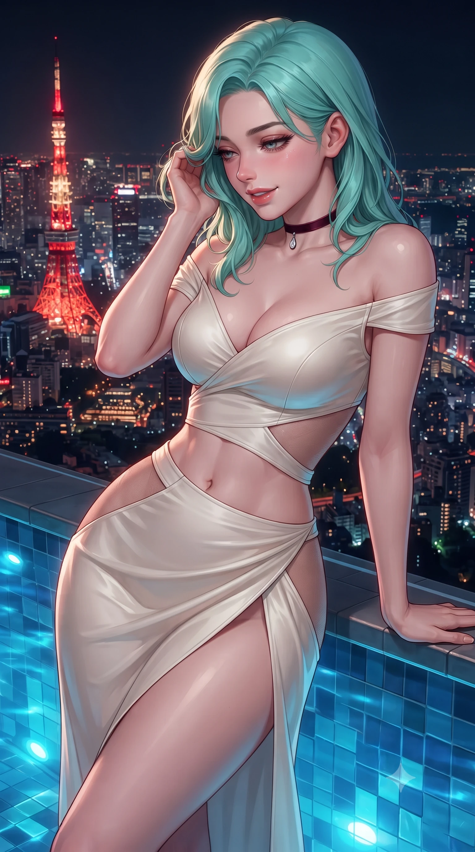 score_9, masterpiece, best quality, ultra-detailed, high-budget anime keyframe, editorial fashion photography, tasteful artistic composition, Japanese woman. close-up cowboy shot from the waist and thighs up, the character dominates the composition, filling the frame with her large presence. gently brushing a lock of hair behind her ear while casting a playful, flirtatious side-gaze with long eyelashes while leaning against the acrylic infinity pool edge with hips cocked back, looking down at the glittering Tokyo metropolis with heavy-lidded bedroom-eyes. The surrounding environment is rendered in vivid detail and crisp panoramic clarity: detailed outfit texture, wet cling or bodycon fit, and sky-high penthouse engineering in high resolution. She has an exceptionally elegant, slender, and willowy female figure with an ultra-slim waist, flat toned midriff, narrow ribcage, and sculpted feminine hips creating an alluring, slim hourglass silhouette without bulk. sharp v-shaped jawline, high-bridge nose, intricate jewel-like sparkling eyes with depth, thick eyelashes, glossy parted lips with a natural peach sheen, bright cheerful beaming smile with an enchanting and coquettish sensual glint, exuding both youthful cute charm and seductive allure, flawlessly proportioned anatomical accuracy, strict slender model proportions, natural body alignment, perfectly sculpted long slender limbs, ultra-slim waistline, clean dynamic posture without body distortion. wearing an alluring plunge-front off-the-shoulder crop top with asymmetrical side-torso cutouts and a high-slit wrap skirt in Belvedere ivory pearl and Habsburg bordeaux wine, featuring strategic sheer-illusion tulle side panels framing her ribcage and hips, finished with a thin velvet ribbon choker and a single teardrop diamond pendant, the liquid-tight tailored fabric clinging flawlessly to her narrow waist and rounded feminine hips, emphasizing every millimeter of her sculpted slim hourglass curves without any bulky heaviness. bathed in the dynamic warm glow of Tokyo Tower combined with underwater pool sapphire LEDs and warm 2800K deck spotlights. ultra-reflective glossy finish, specular highlights, rich textural contrasts, high-contrast stereoscopic depth, volumetric dynamic lighting, 2k, ultra detail, master piece, 9:16 ratio