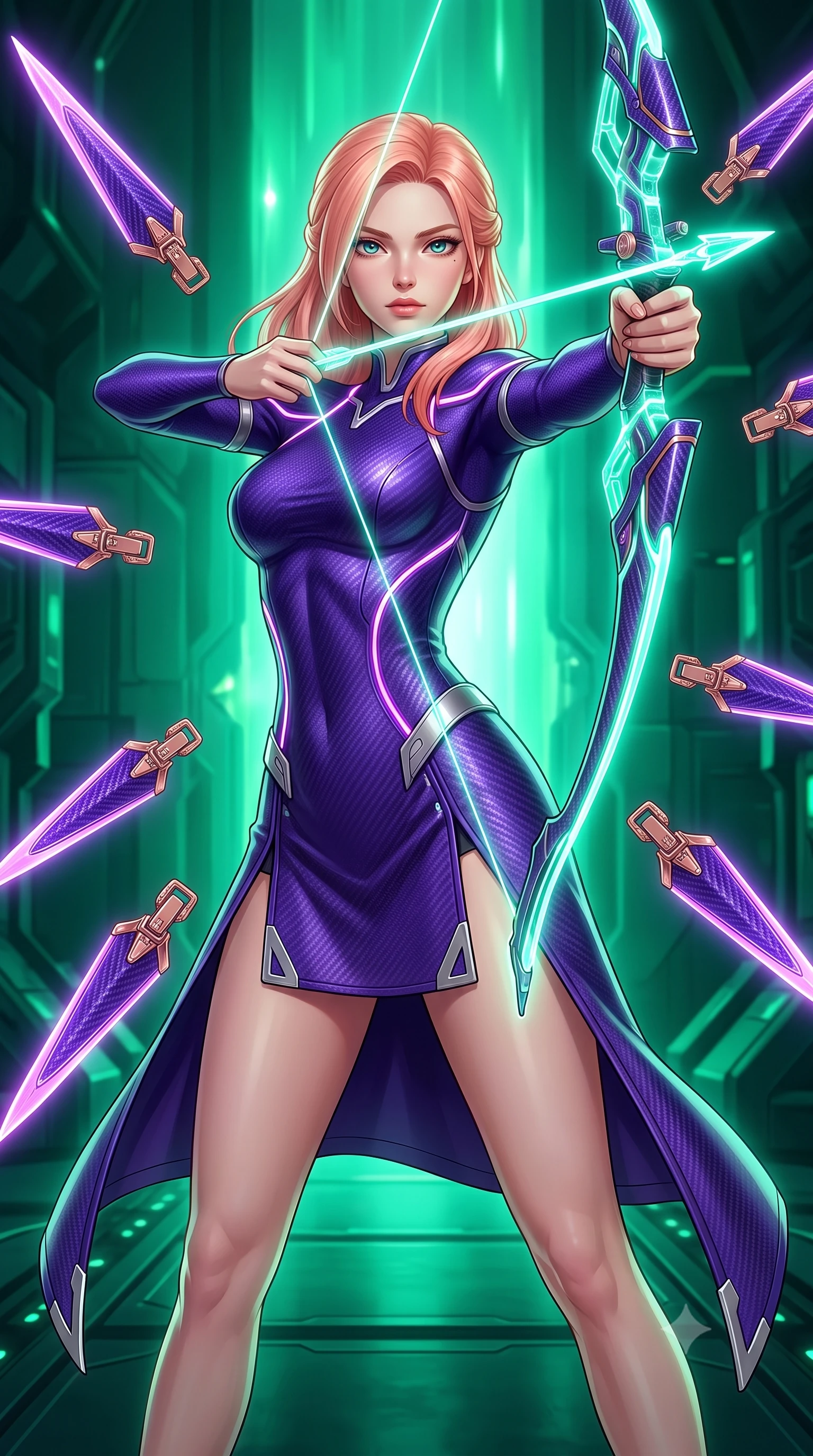 score_9, masterpiece, best quality, ultra-detailed, high-budget anime keyframe, semi-realistic 3D game render, editorial fashion photography, tasteful artistic composition, Japanese woman. close-up cowboy shot from the waist and thighs up, the character dominates the composition, filling the frame with her large presence. gazing forward with divine sovereign poise, captivating jewel-like eyes shining with transcendent focus while holding her weapon with effortless mastery while arching her back gracefully with full draw-string tension, her long slender legs and torso creating a sweeping line of power. The surrounding environment is rendered in vivid detail and crisp panoramic clarity. rich emerald chiaroscuro and high-tech subterranean power plant architecture captured with sharpness. She has an exceptionally elegant, slender, and willowy female figure with an ultra-slim waist, a gracefully sculpted slender torso, toned flat midriff, and a refined slim silhouette. sharp v-shaped jawline, high-bridge nose, intricate jewel-like eyes with depth, thick eyelashes, glossy lips with a natural sheen, flawlessly proportioned anatomical accuracy, strict slender model proportions, natural body alignment, perfectly sculpted long slender limbs, ultra-slim waistline, clean dynamic posture without body distortion. wearing a precision-fitted royal purple carbon-fiber battle-dress with high-slit tactical skirt and silver accents, directing eight floating nano-crystal funnel blades with sovereign gestures in royal purple carbon fiber with rose-gold hardware and clasps, crafted from ultra-strong woven carbon-fiber composite with a satin luster, accented with glowing fiber-optic conduits tracing her collarbones and hip curves, the sleek second-skin cut tightly hugging her graceful clavicle, narrow waist, and feminine curves with athletic precision. bathed in intense radiant emerald crystal core backlighting and glowing photon bow illumination. rich saturated anime colors with glowing neon highlights, detailed shading with soft gradients, rich glossy textures, high-contrast stereoscopic depth, volumetric dynamic lighting, master piece, 9:16 ratio