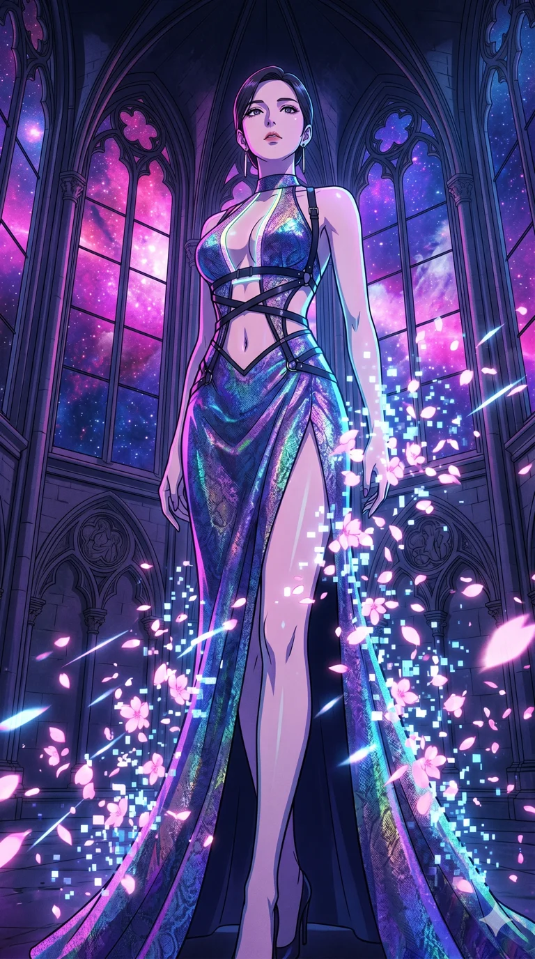 score_9, masterpiece, best quality, ultra-detailed, High-budget Anime Keyframe, vibrant colors, fluid line-art, expressive lighting, cinematic composition, Ufotable-style visual effects, top-tier animation quality, Korean woman with idol-like refined features. Low angle cowboy shot filling the entire 9:16 frame with her statuesque presence, looking up to emphasize her height. Vanishing into a sudden cloud of glowing cherry blossoms and digital pixels to escape an incoming attack. She has an absolutely perfect 8-heads proportion, an exceptionally tall and slender female figure with impossibly long slender legs and an ultra-slim waist, her statuesque height and towering silhouette dominating the vertical 9:16 frame. Her face is a masterpiece featuring a sharp v-shaped jawline, high-bridge nose, intricate jewel-like eyes with depth, thick eyelashes, and glossy lips with a natural sheen. She is wearing a Holographic lace evening gown with a dangerously high slit and a plunging neckline crafted from Fluorescent mesh that glows brightly under neon light, highlighting her silhouette, with an exposed midriff and a complex harness system that draws the eye. The scene is set in a majestic gothic cathedral in deep space with massive windows overlooking a swirling nebula, illuminated by harsh neon light and deep shadows creating a high-contrast noir aesthetic. 2k, ultra detail, master piece, 9:16 ratio