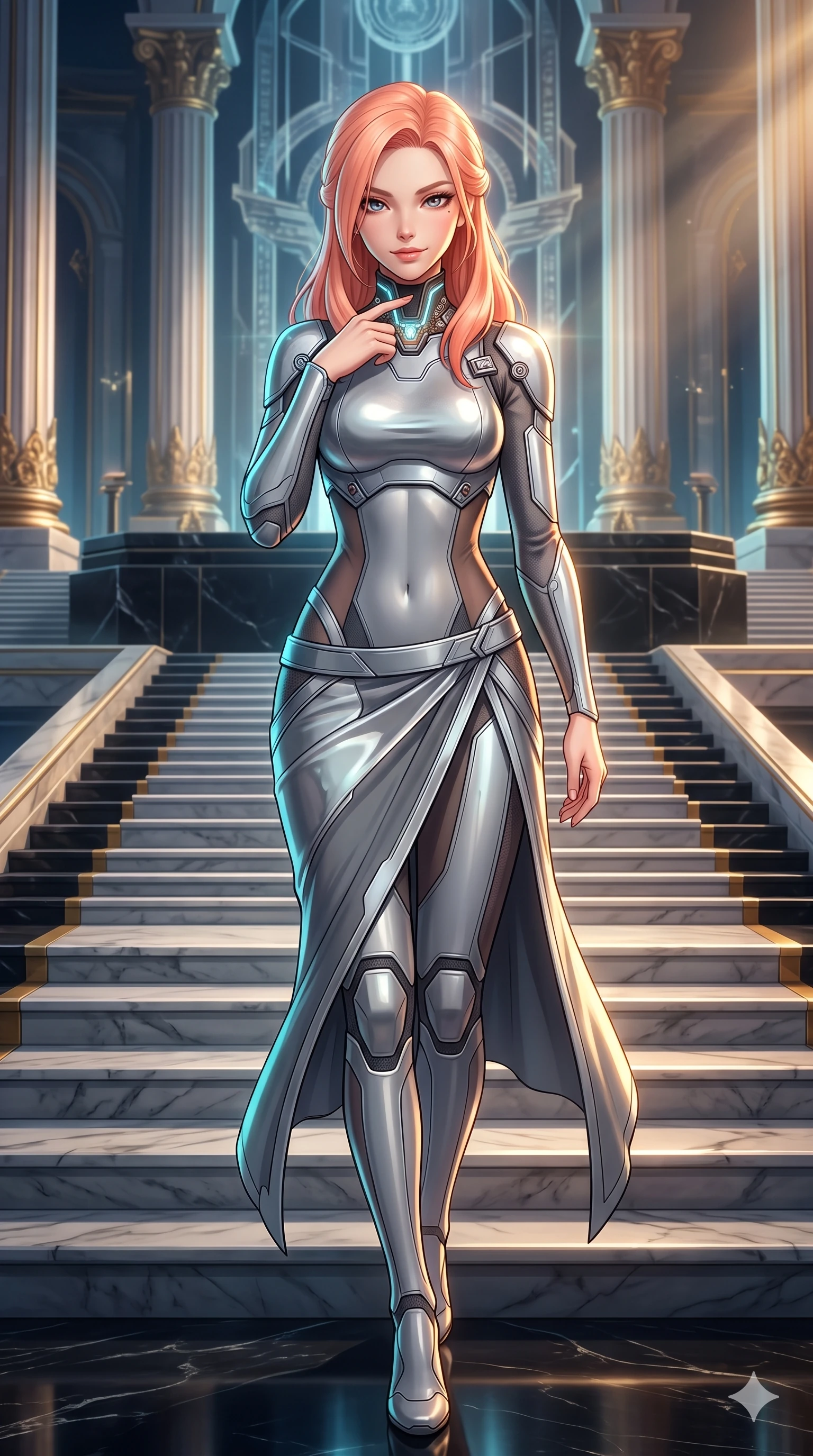 score_9, masterpiece, best quality, ultra-detailed, high-budget anime keyframe, semi-realistic 3D game render, editorial fashion photography, tasteful artistic composition, Japanese woman. close-up cowboy shot from the waist and thighs up, the character dominates the composition, filling the frame with her large presence. tilting her head with a teasing half-smile, running one finger slowly along her glowing comm-link collar in a flirtatious gesture while walking slowly down the grand marble council steps with hypnotic grace, hips swaying in an alluring sensual rhythm that accentuates her curvy hourglass silhouette and long slender legs. The surrounding environment is rendered in vivid detail and crisp panoramic clarity: detailed diplomatic catsuit tailoring, polished carbon-weave paneling, and monumental neoclassical sci-fi architecture in razor-sharp precision. She has an exceptionally elegant, slender, and willowy female figure with an ultra-slim waist, flat toned midriff, narrow ribcage, and sculpted feminine hips creating an alluring, slim hourglass silhouette without bulk. sharp v-shaped jawline, high-bridge nose, intricate jewel-like sparkling eyes with depth, thick eyelashes, glossy parted lips with a natural sheen, bright confident smile with an enchanting and coquettish sensual glint, exuding both youthful magnetic charm and sovereign high-tech allure, flawlessly proportioned anatomical accuracy, strict slender model proportions, natural body alignment, perfectly sculpted long slender limbs, ultra-slim waistline, clean dynamic posture without body distortion. wearing a cyber-samurai tactical suit featuring a shortened carbon chestplate and high-slit armored wrap skirt in reflective liquid mercury and matte phantom grey, featuring strategic sheer-illusion tulle side panels framing her ribcage and hips, finished with high-tension magnetic quick-release clasps glinting along her collarbones, the form-contouring cut accentuating her sculpted flat midriff, narrow delicate ribcage, and gracefully curvy hips with cybernetic supermodel precision. illuminated by polished black stone dais bounce and sharp gold-cyan rim lights sculpting her razor-sharp jawline, narrow waist, and curvy hips. highly saturated vibrant anime colors, detailed shading with soft gradients, rich glossy textures, high-contrast stereoscopic depth, volumetric dynamic lighting, master piece, 9:16 ratio