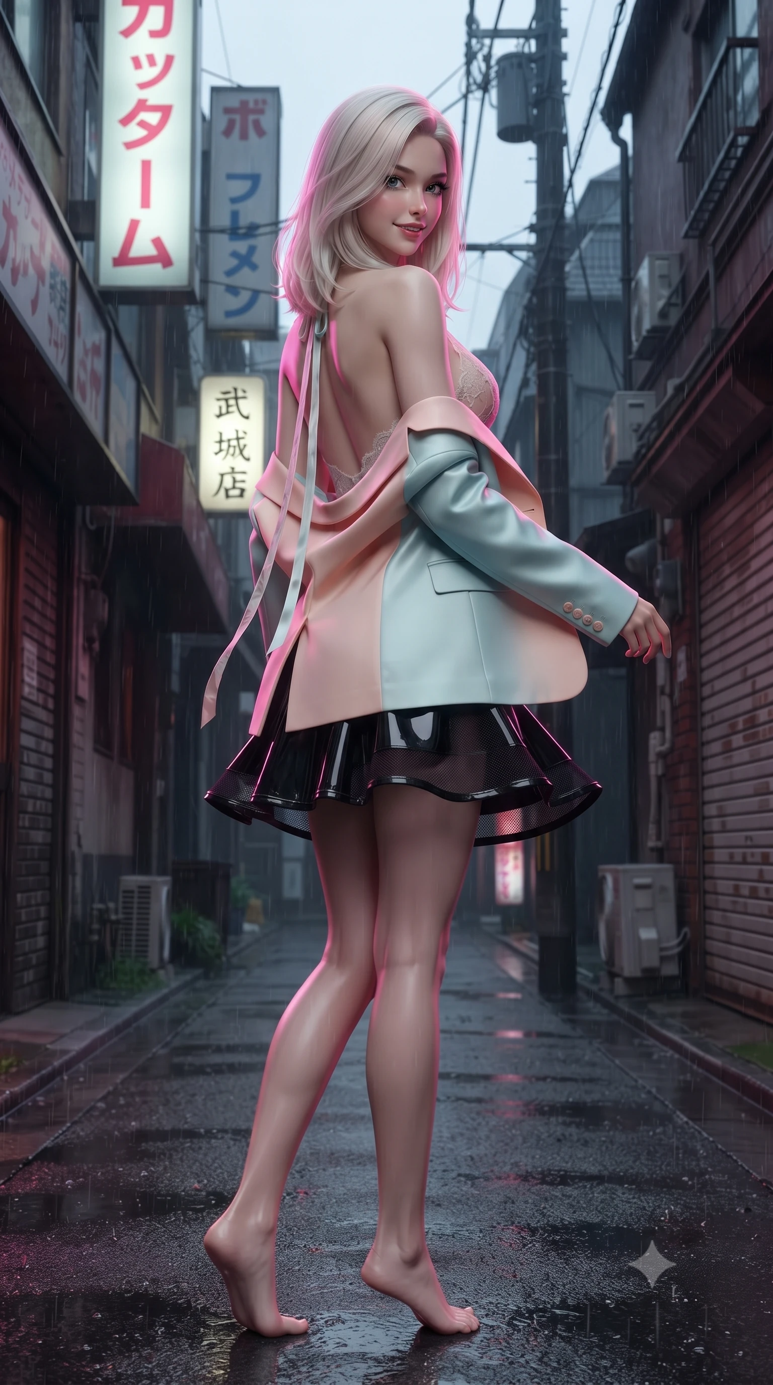 score_9, masterpiece, best quality, ultra-detailed, high-budget anime keyframe, editorial fashion photography, tasteful artistic composition, Caucasian woman. low angle full-body shot from head to toe showing her feet, filling the entire 9:16 vertical frame with her statuesque presence, stretching her vertical silhouette. executing a slow, graceful pivot turn as her skirt sways around her slender legs, glancing back with an enchanting, teasing sensual expression while standing poised in the middle of the rain-washed alley with hips cocked back, looking into the camera with an irresistible bedroom-smile. The surrounding environment is rendered in vivid detail and crisp panoramic clarity: detailed vinyl mini-skirt shine, subtle mesh fabric texture, and authentic Showa-era alley architecture in razor-sharp precision. She has an absolutely perfect, statuesque 8.5-heads proportion, an exceptionally tall and slender model-like female figure with impossibly long slender legs, an ultra-slim waist, a flat toned midriff, narrow delicate ribcage, and beautifully sculpted feminine hips creating a graceful, slim hourglass silhouette without any bulky heaviness. sharp v-shaped jawline, high-bridge nose, sparkling eyes with hypnotic seductive depth, thick curled eyelashes, glossy parted lips with a natural dewy peach sheen, alluring bedroom-eyes with an enchanting coquettish smile, exuding magnetic siren charisma and sophisticated glamour, flawlessly proportioned anatomical accuracy, strict slender model proportions, natural body alignment, perfectly sculpted long slender limbs, ultra-slim waistline, clean dynamic posture without body distortion. wearing a delicate sheer floral lace teddy layered under an open tailored oversized blazer draped casually over bare shoulders in pastel peach blossom and celadon porcelain blue, crafted from fluid liquid silk satin that clings smoothly to every curve with a dewy sheen, finished with long silk ribbon ties fluttering down her bare spine from a backless halter, the high-slit wrap tailoring accentuating her ultra-slim waistline and the enchanting curve of her feminine hips with alluring seductive charm. illuminated by puddle specular bounce and sharp magenta rim lights defining her razor-sharp jawline, ultra-slim waist, and curvy hips. ultra-reflective glossy finish, specular highlights, rich textural contrasts, high-contrast stereoscopic depth, volumetric dynamic lighting, 2k, ultra detail, master piece, 9:16 ratio