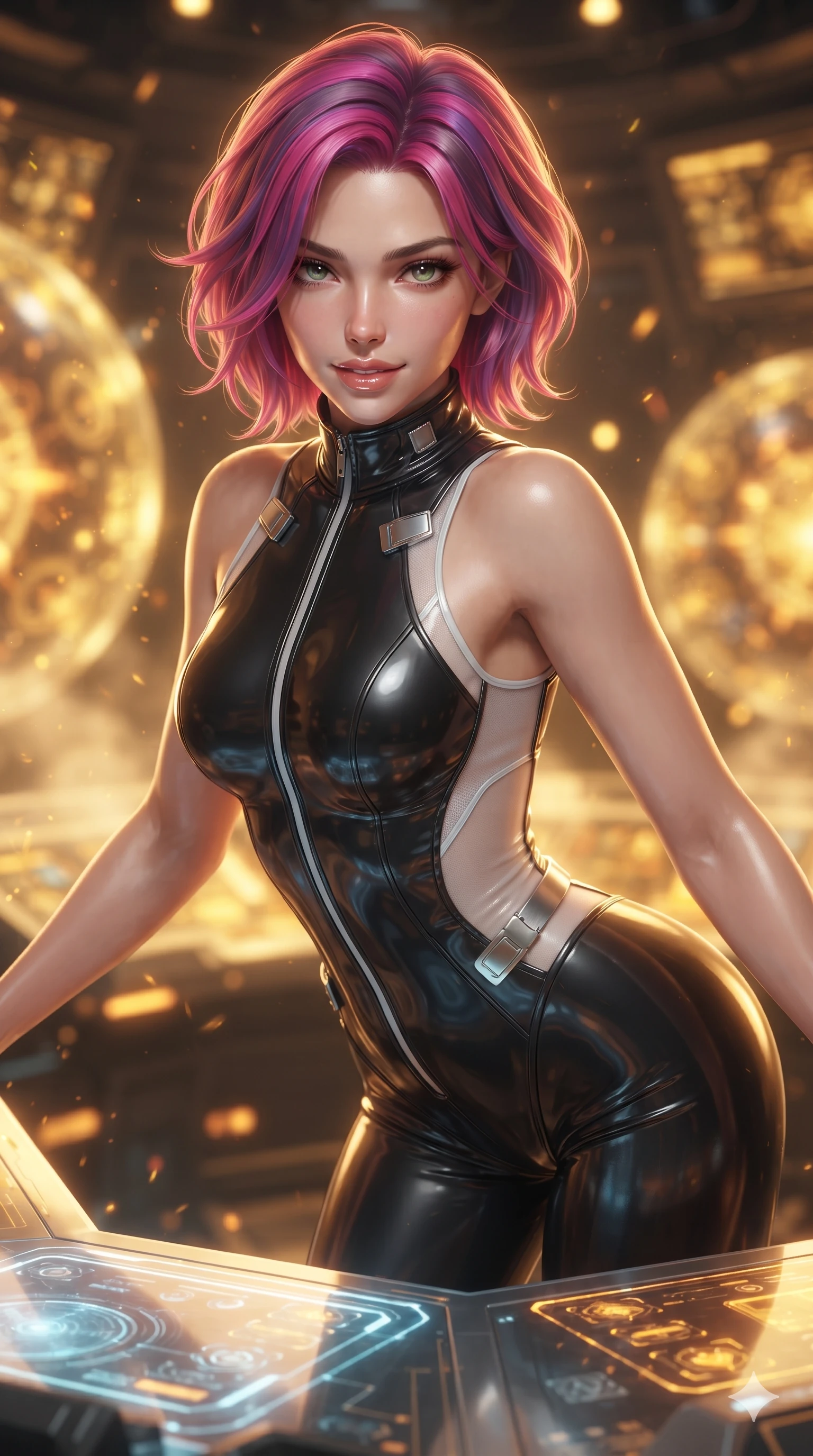 score_9, masterpiece, best quality, ultra-detailed, high-budget anime keyframe, editorial fashion photography, tasteful artistic composition, Caucasian woman. close-up cowboy shot from the waist and thighs up, the character dominates the composition, filling the frame with her large presence. leaning forward over the holographic console while arching her lower back to accentuate her curvy hips, looking into the camera with an intoxicating smoldering bedroom-gaze while twisting her slender torso in an alluring S-curve between high-pressure conduits, radiant core illumination tracing her flat midriff and hourglass curves. The background shows a soft-focus pulsing spherical plasma containment fields, drifting cooling mist, and glowing telemetry arrays blurred into fiery gold, amber, and obsidian bokeh. She has an exceptionally elegant, slender, and willowy female figure with an ultra-slim waist, flat toned midriff, narrow ribcage, and sculpted feminine hips creating an alluring, slim hourglass silhouette without bulk. sharp v-shaped jawline, high-bridge nose, intricate jewel-like sparkling eyes with depth, thick eyelashes, glossy parted lips with a natural sheen, bright confident smile with an enchanting and coquettish sensual glint, exuding both youthful magnetic charm and sovereign high-tech allure, flawlessly proportioned anatomical accuracy, strict slender model proportions, natural body alignment, perfectly sculpted long slender limbs, ultra-slim waistline, clean dynamic posture without body distortion. wearing a sleeveless high-collar cyber pilot suit in liquid-look obsidian jersey with strategic sheer ventilation panels in pure alabaster white and brushed silver accents, crafted from lightweight aerodynamic matte carbon-fiber weave with structural stiffness, finished with high-tension magnetic quick-release clasps glinting along her collarbones, the form-fitting tactical tailoring adhering flawlessly to her sculpted flat midriff and slender torso, emphasizing her long leg lines and perfectly proportioned willowy build. bathed in the blinding warm golden radiance of the magnetic fusion core with dynamic volumetric heat shimmers. ultra-reflective glossy finish, specular highlights, rich textural contrasts, high-contrast stereoscopic depth, volumetric dynamic lighting, 2k, ultra detail, master piece, 9:16 ratio