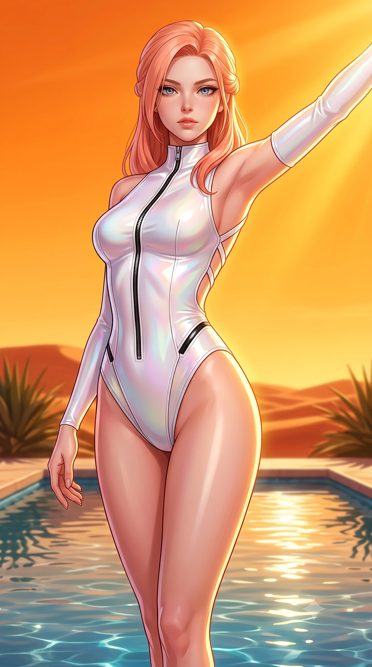 score_9, masterpiece, best quality, ultra-detailed, high-budget anime keyframe, semi-realistic 3D game render, editorial fashion photography, tasteful artistic composition, Japanese woman. close-up cowboy shot from the waist and thighs up, the character dominates the composition, filling the frame with her large presence. extending one arm gracefully toward the light while her torso arches in a sleek, alluring curve with magnetic intensity while standing with commanding elegance at the edge of an oasis reflecting pool under a glorious glowing orange sky. The surrounding environment is rendered in vivid detail and crisp panoramic clarity. vibrant high-contrast warm lighting and exotic desert luxury design rendered in panoramic precision. She has an exceptionally elegant, slender, and willowy female figure with an ultra-slim waist, a gracefully sculpted slender torso, toned flat midriff, and a refined slim silhouette. sharp v-shaped jawline, high-bridge nose, intricate jewel-like eyes with depth, thick eyelashes, glossy lips with a natural sheen, flawlessly proportioned anatomical accuracy, strict slender model proportions, natural body alignment, perfectly sculpted long slender limbs, ultra-slim waistline, clean dynamic posture without body distortion. wearing a glossy white second-skin latex bodysuit with high-thigh cuts, exposed clavicle neckline, and gleaming zipper details in high-gloss monochrome white and sharp black contrast, made of smooth iridescent silk chiffon that shifts colors with movement, complemented by criss-cross back straps highlighting her completely bare spine, the form-contouring material adhering flawlessly to her sculpted flat midriff and slender torso, emphasizing her long leg lines and perfectly proportioned willowy build. illuminated by crisp golden rim highlights sharply defining her ultra-slim waist and long legs. highly saturated vibrant anime colors, detailed shading with soft gradients, rich glossy textures, high-contrast stereoscopic depth, volumetric dynamic lighting, master piece, 9:16 ratio