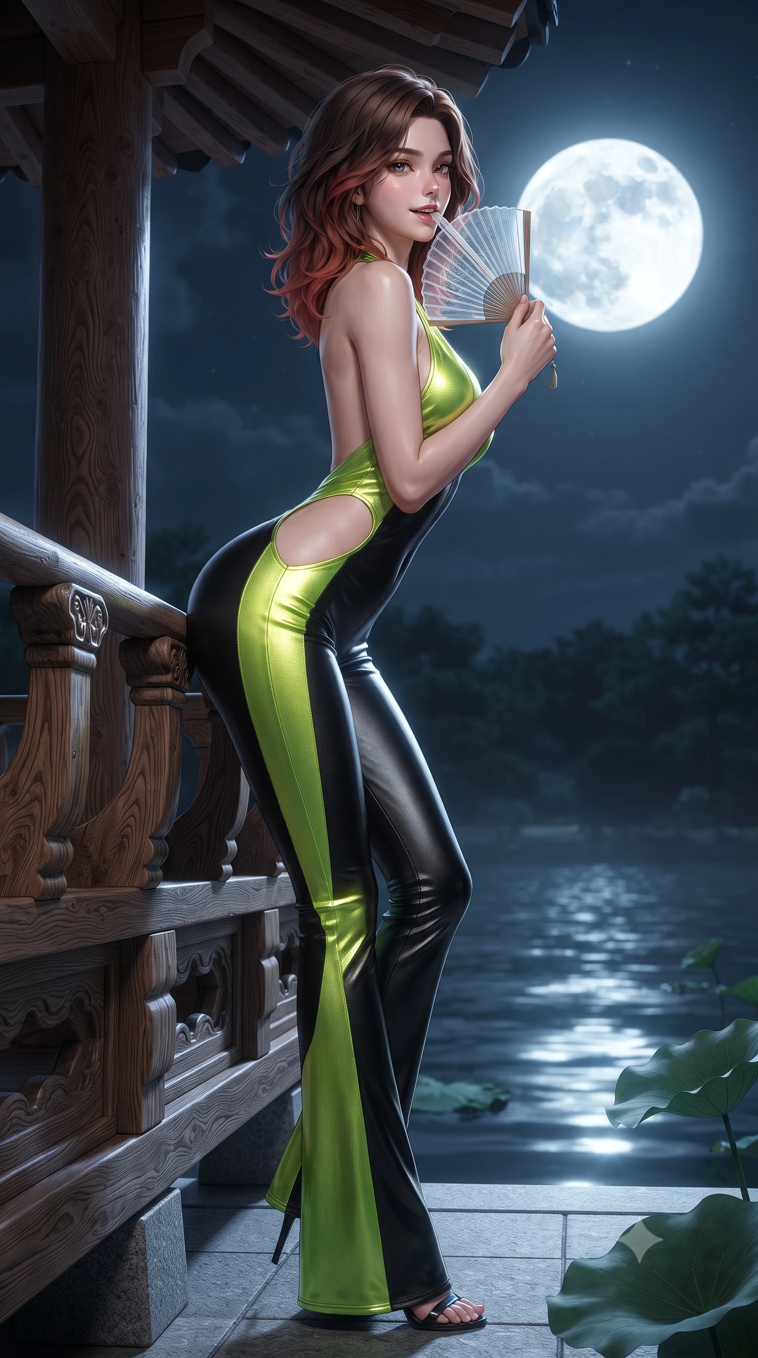 score_9, masterpiece, best quality, ultra-detailed, high-budget anime keyframe, editorial fashion photography, tasteful artistic composition, Korean woman. low angle full-body shot from head to toe showing her feet, filling the entire 9:16 vertical frame with her statuesque presence, stretching her vertical silhouette. leaning deep against the balcony balustrade with hips cocked back in an unapologetically alluring high-fashion stance, casting an intoxicating glance while leaning against the carved wooden pavilion balustrade with hips cocked back, looking over a bare shoulder toward the luminous harvest moon mirrored on the water. The surrounding environment is rendered in vivid detail and crisp panoramic clarity: sharp carved wood grain texture, water ripple reflections of the full moon, and crisp lotus leaf veins in deep focus. She has an absolutely perfect, statuesque 8.5-heads proportion, an exceptionally tall and slender model-like female figure with impossibly long slender legs, an ultra-slim waist, a flat toned midriff, narrow delicate ribcage, and beautifully sculpted feminine hips creating a graceful, slim hourglass silhouette without any bulky heaviness. sharp v-shaped jawline, high-bridge nose, sparkling eyes with hypnotic seductive depth, thick curled eyelashes, glossy parted lips with a natural dewy peach sheen, alluring bedroom-eyes with an enchanting coquettish smile, exuding magnetic siren charisma and sophisticated glamour, flawlessly proportioned anatomical accuracy, strict slender model proportions, natural body alignment, perfectly sculpted long slender limbs, ultra-slim waistline, clean dynamic posture without body distortion. wearing a liquid metallic lamé plunge halterneck jumpsuit clinging like a second skin with high-cut side hip cutouts in dual-tone high-contrast neon monochrome, woven from buttery-soft stretch lambskin leather adhering to her body like a second skin, finished with a transparent silk folding fan held gracefully near her glossy parted lips, the second-skin tailored fabric adhering flawlessly to her sculpted flat midriff and slender torso, emphasizing her long leg lines and perfectly proportioned willowy build. illuminated by pond surface moonbeam bounce and sharp platinum rim lights sculpting her razor-sharp jawline, narrow waist, and curvy hips. ultra-reflective glossy finish, specular highlights, rich textural contrasts, high-contrast stereoscopic depth, volumetric dynamic lighting, 2k, ultra detail, master piece, 9:16 ratio