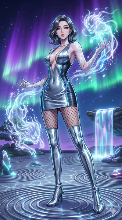 score_9, masterpiece, best quality, ultra-detailed, High-budget Anime Keyframe, vibrant colors, fluid line-art, expressive lighting, cinematic composition, Ufotable-style visual effects, top-tier animation quality, Korean woman with idol-like refined