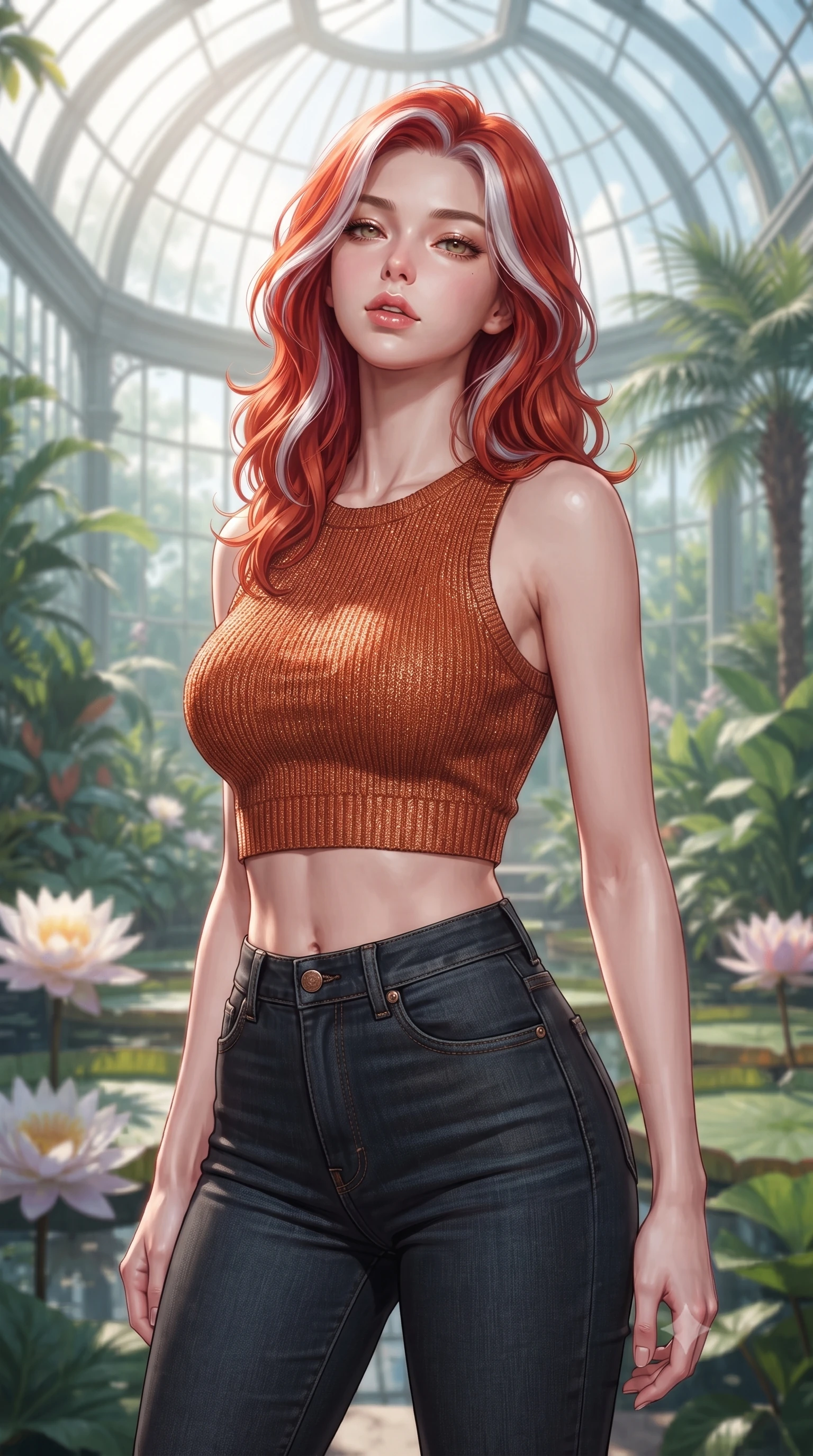 score_9, masterpiece, best quality, ultra-detailed, high-budget anime keyframe, editorial fashion photography, tasteful artistic composition, Caucasian woman woman. close-up cowboy shot from the waist and thighs up, the character dominates the composition, filling the frame with her large presence, background elements kept in soft focus. tilting her chin up slightly with lips parted in a composed, provocative expression the background shows a soft-focus a grand glass conservatory filled with giant tropical water lilies and palms. She has an exceptionally elegant, slender, and willowy female figure with an ultra-slim waist, a gracefully sculpted slender torso, and a refined silhouette. sharp v-shaped jawline, high-bridge nose, intricate jewel-like eyes with depth, thick eyelashes, glossy lips with a natural sheen. wearing a tailored body-hugging knit crop top in rust orange paired with high-waisted skinny jeans. bright daylight filtered through glass panels, creating soft highlights. ultra-reflective glossy finish, specular highlights, metallic sheen, high-contrast stereoscopic depth, volumetric dynamic lighting, 2k, ultra detail, master piece, 9:16 ratio