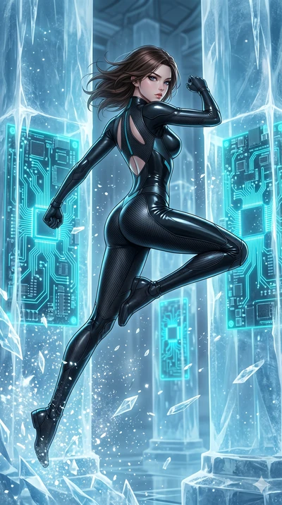 score_9, masterpiece, best quality, ultra-detailed, high-budget anime keyframe, Korean woman. upper body close-up from the thighs up, character filling the screen for maximum presence. leaping inside a sub-zero cybernetic ice temple, where glowing ne