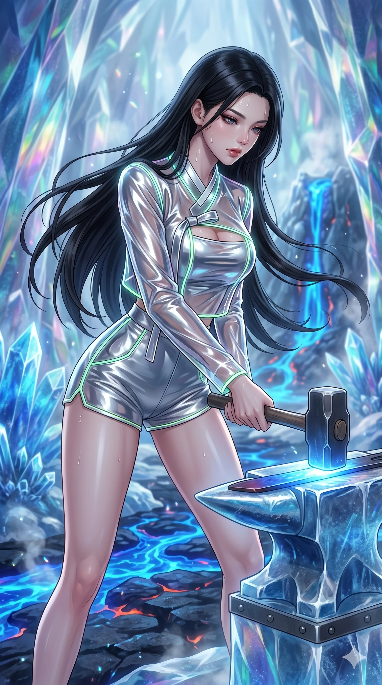 score_9, masterpiece, best quality, ultra-detailed, high-budget anime keyframe, Korean woman. upper body close-up from the thighs up, character filling the screen for maximum presence. forging in a prismatic ice-volcano temple where glowing cobalt-blue liquid magma flows between frozen blue ash crystals. She has an absolutely perfect 8-heads proportion, an exceptionally tall and slender female figure with impossibly long slender legs and an ultra-slim waist. V-shaped jawline, high-bridge nose, intricate jewel-like eyes with depth, thick eyelashes, glossy lips with a natural sheen.. wearing a vinyl liquid mercury fusion hanbok, featuring a translucent chrome-silver vinyl jeogori and high-waist micro-shorts, detailed with glowing neon wire trims and a tasteful chest slit. lit by a soft glowing ambient light and a sharp side key light that traces the sleek contours of her athletic build. 2k, ultra detail, master piece, 9:16 ratio