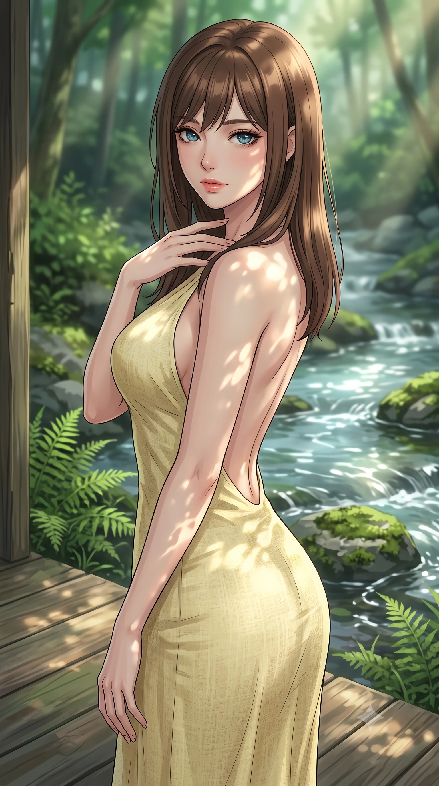 score_9, masterpiece, best quality, ultra-detailed, high-budget anime keyframe, tasteful artistic composition, Korean woman. close-up cowboy shot from the waist and thighs up, the character dominates the composition, filling the frame with her large presence, background elements kept in soft focus. standing with one hand resting on her collarbone, looking at the viewer with bedroom-eyes the background shows a soft-focus a secluded forest stream cabin porch next to wild ferns and mossy rocks. She has an exceptionally elegant, slender, and willowy female figure with an ultra-slim waist, a gracefully sculpted slender torso, and a refined silhouette. sharp v-shaped jawline, high-bridge nose, intricate jewel-like eyes with depth, thick eyelashes, glossy lips with a natural sheen. wearing a body-hugging backless summer sundress in pale yellow linen, showing her elegant shoulder blades. dappled sunbeams reflecting off the moving water surface onto her form. highly saturated vibrant anime colors, cel-shading, 2d style, master piece, 9:16 ratio