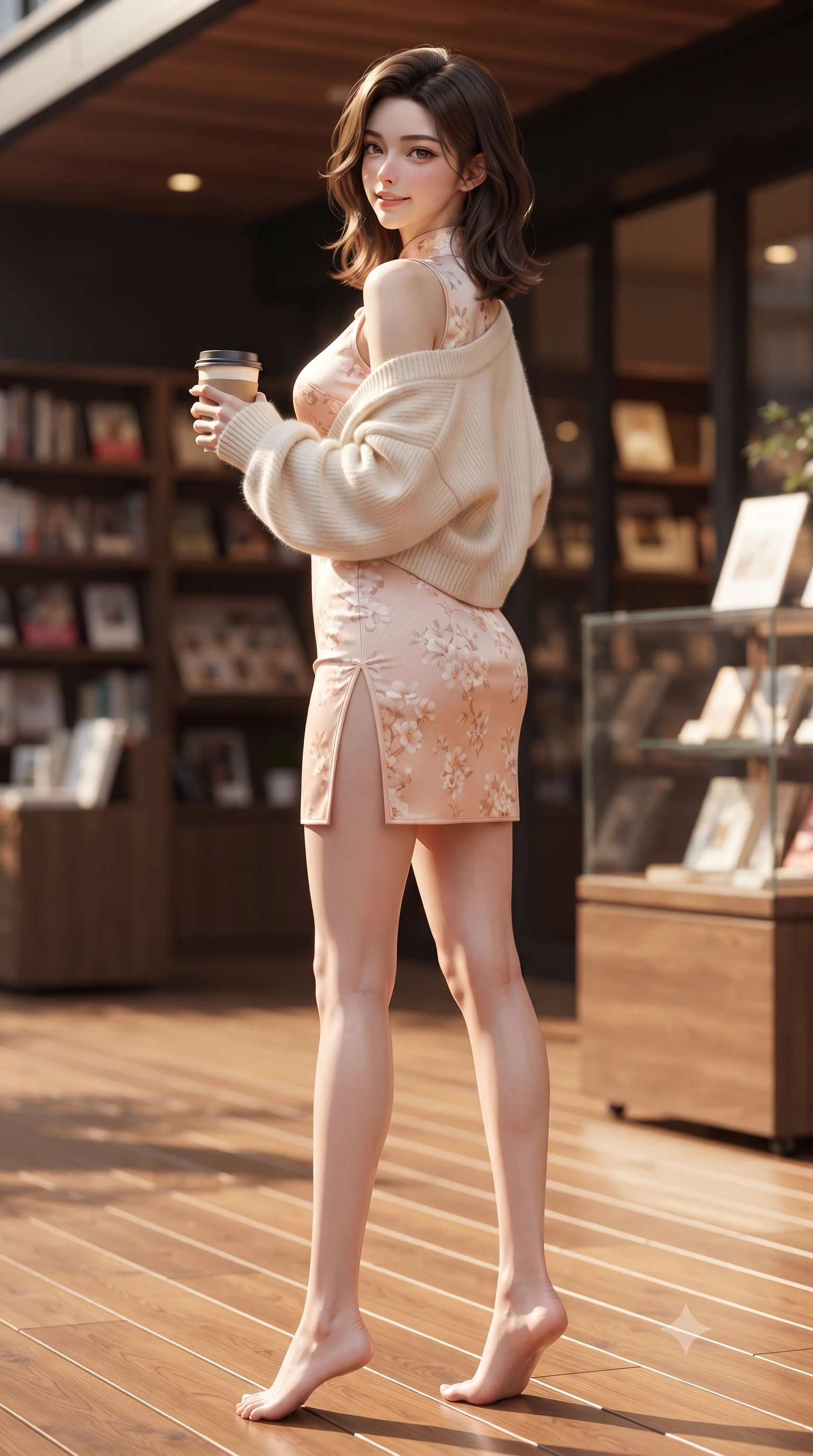 score_9, masterpiece, best quality, ultra-detailed, high-budget anime keyframe, editorial fashion photography, tasteful artistic composition, Korean woman. low angle full-body shot from head to toe showing her feet, filling the entire 9:16 vertical frame with her statuesque presence, stretching her vertical silhouette. posing with back turned slightly to the lens, glancing back with an enchanting, playful smile as she arches her lower back to emphasize her sculpted feminine hips and slender waist while standing poised on the sunlit timber deck with a coffee tumbler in hand, twisting her slender torso in an alluring contrapposto stance. The composition keeps background elements in soft focus with dreamy creamy bokeh. outdoor wooden deck terraces and book display displays softened in sophisticated Tokyo shallow focus. She has an exceptionally tall and slender model-like 8.5-heads proportion, an ultra-slim waist, a flat toned midriff, narrow delicate ribcage, and beautifully sculpted feminine hips creating a graceful, slim hourglass silhouette without any bulky heaviness, with impossibly long slender legs. sharp v-shaped jawline, high-bridge nose, intricate jewel-like sparkling eyes with depth, thick eyelashes, glossy parted lips with a natural peach sheen, bright cheerful beaming smile with an enchanting and coquettish sensual glint, exuding both youthful cute charm and seductive allure, flawlessly proportioned anatomical accuracy, strict slender model proportions, natural body alignment, perfectly sculpted long slender limbs, ultra-slim waistline, clean dynamic posture without body distortion. wearing a modern cute qipao mini dress with double side slits ascending to the hip in pastel floral silk in pastel peach blossom pink and warm champagne ivory, formed from supple second-skin stretch ribbed knit clinging to her form, complemented by an oversized soft knit cardigan slipping off one bare shoulder, the high-waisted tailoring accentuating her ultra-slim waistline and the enchanting curve of her feminine hips with alluring charm. illuminated by warm wooden deck bounce light sculpting her razor-sharp jawline, narrow waist, and curvy hips. ultra-reflective glossy finish, specular highlights, rich textural contrasts, high-contrast stereoscopic depth, volumetric dynamic lighting, 2k, ultra detail, master piece, 9:16 ratio