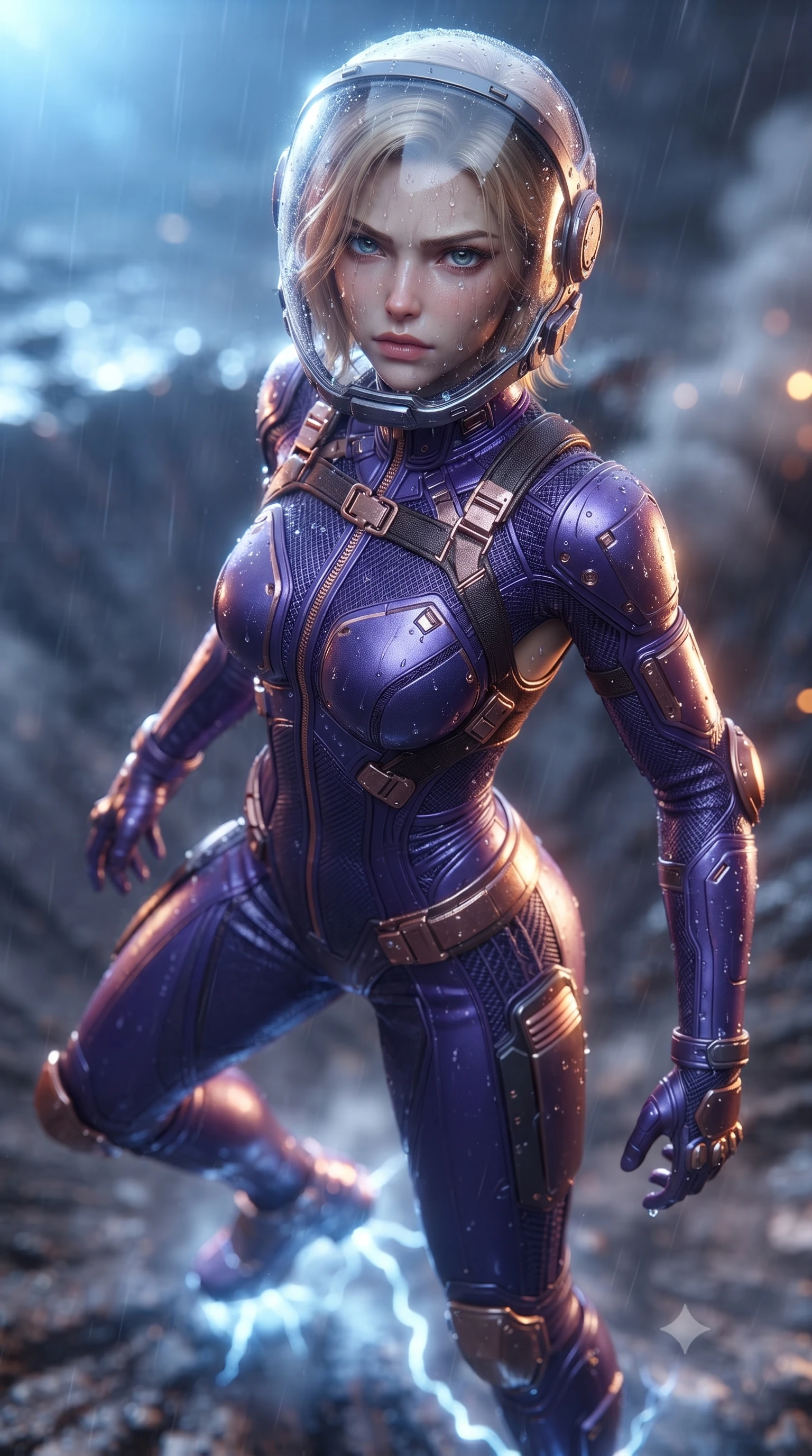 score_9, masterpiece, best quality, ultra-detailed, high-budget anime keyframe, editorial fashion photography, tasteful artistic composition, Caucasian woman. close-up cowboy shot from the waist and thighs up, the character dominates the composition, filling the frame with her large presence. tilting her head slightly with solemn warrior composure, sweat and rain glistening on her sculpted collarbones and high-bridge nose while landing gracefully in the crater of a massive electromagnetic EMP blast as dying blue lightning arcs ground through her boots. The composition keeps background elements in soft focus with creamy bokeh. crackling blue EMP lightning arcs and smoking crater rims blurred into dazzling sapphire, white-hot, and pitch-black bokeh. She has an exceptionally elegant, slender, and willowy female figure with an ultra-slim waist, a gracefully sculpted slender torso, toned flat midriff, and a refined slim silhouette. sharp v-shaped jawline, high-bridge nose, intricate jewel-like eyes with depth, thick eyelashes, glossy lips with a natural sheen, fierce and resolute heroine expression, flawlessly proportioned anatomical accuracy, strict slender model proportions, natural body alignment, perfectly sculpted long slender limbs, ultra-slim waistline, clean dynamic posture without body distortion. wearing a crystal-clear transparent armored riot-visor helmet showing her entire beautiful face and determined expression with pristine clarity, paired with a tailored tactical combat jumpsuit with an open-back harness design, reinforced composite breastplate, and high-mobility elbow dampers in royal purple carbon fiber with distressed rose-gold hardware and buckles, crafted from semi-translucent cybernetic carbon-vinyl interwoven with glowing micro-filaments, featuring a sleek aerodynamic collar framed by subtle glowing cybernetic status LEDs, the liquid-tight tailored fabric emphasizing every curve of her tall, slender model proportions and sculptured silhouette during dynamic movement. bathed in blinding blue EMP lightning flash backlighting and warm amber crater ember glow. ultra-reflective glossy finish, specular highlights, dark metallic sheen, high-contrast stereoscopic depth, volumetric dynamic lighting, 2k, ultra detail, master piece, 9:16 ratio