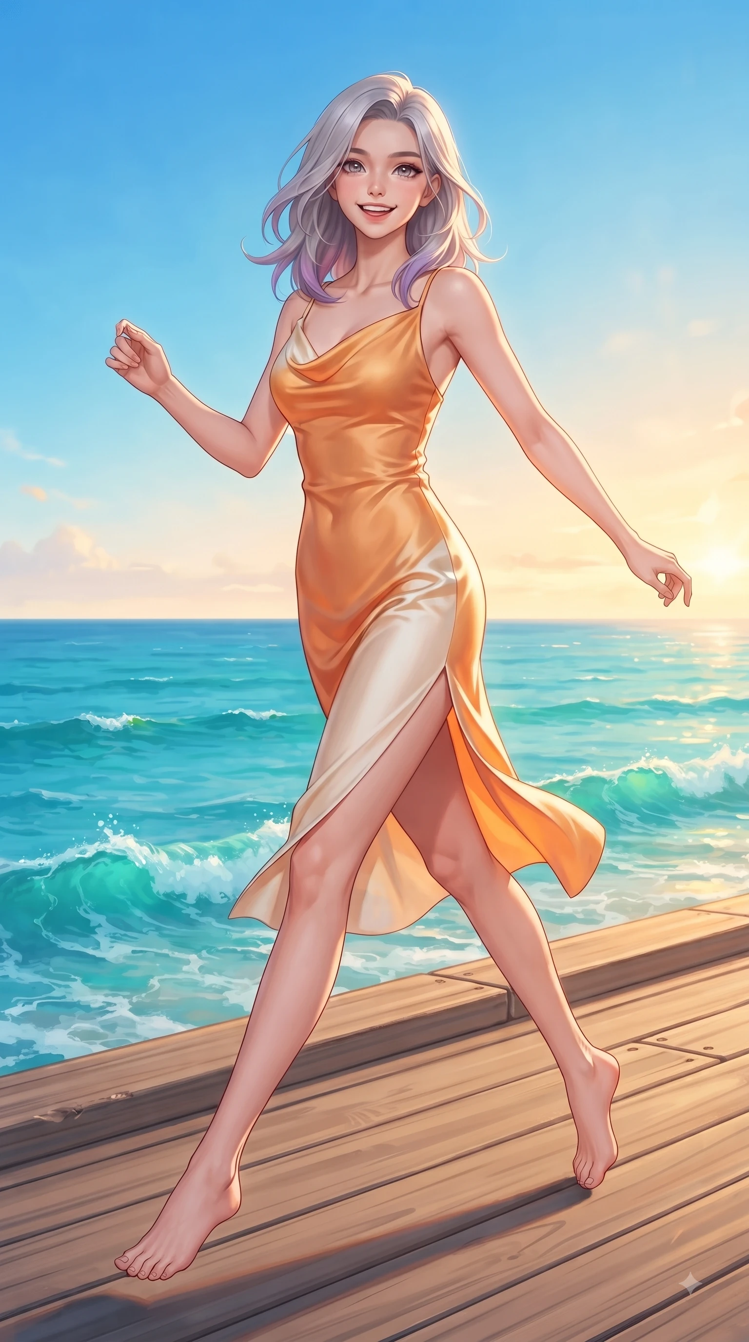 score_9, masterpiece, best quality, ultra-detailed, high-budget anime keyframe, editorial fashion photography, tasteful artistic composition, Caucasian woman. low angle full-body shot from head to toe showing her feet, filling the entire 9:16 vertical frame with her statuesque presence, stretching her vertical silhouette. leaping with pure youthful energy through the scene with a radiant bright smile, her long slender legs balanced gracefully while walking cheerfully along a seaside wooden boardwalk overlooking a turquoise ocean. The surrounding environment is rendered in vivid detail and crisp panoramic clarity. vibrant sea foam crests, wooden boardwalk planks, and crisp blue sky captured in high clarity. She has an absolutely perfect, statuesque 8.5-heads proportion, an exceptionally tall and slender model-like female figure with impossibly long slender legs and an ultra-slim waist. sharp v-shaped jawline, high-bridge nose, intricate jewel-like eyes with depth, thick eyelashes, glossy lips with a natural sheen, flawlessly proportioned anatomical accuracy, natural body alignment, perfectly sculpted elegant limbs, clean dynamic posture without body distortion. wearing an elegant cowl-neck silk satin midi dress with a graceful draped neckline in warm apricot orange and cream white, made of lustrous stretch velvet, featuring a sleek side leg slit ascending to mid-thigh, the glove-like fit emphasizing her statuesque silhouette during motion. illuminated by a glorious golden hour sunburst painting the sky in joyful amber and peach. ultra-reflective glossy finish, specular highlights, metallic sheen, high-contrast stereoscopic depth, volumetric dynamic lighting, 2k, ultra detail, master piece, 9:16 ratio