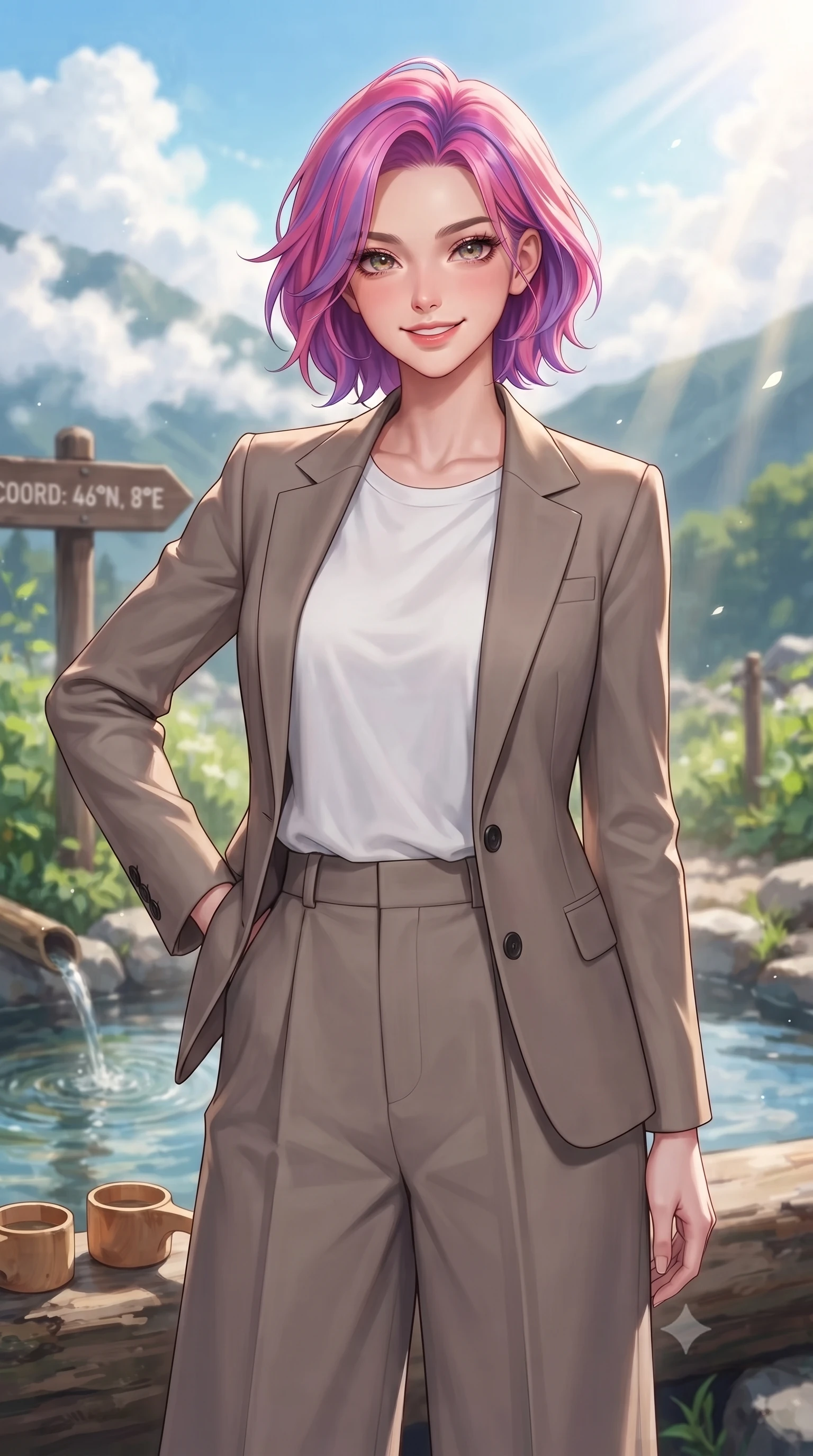score_9, masterpiece, best quality, ultra-detailed, high-budget anime keyframe, editorial fashion photography, tasteful artistic composition, Caucasian woman. close-up cowboy shot from the waist and thighs up, the character dominates the composition, filling the frame with her large presence, background elements kept in soft focus. smiling cutely with an air of effortless superiority and magnetic charm set against a soft-focus background of next to a mountain spring well with clear water and wooden cups with a wooden trail marker sign showing coordinates behind her. She has an exceptionally elegant, slender, and willowy female figure with an ultra-slim waist, a gracefully sculpted slender torso, and a refined silhouette. sharp v-shaped jawline, high-bridge nose, intricate jewel-like eyes with depth, thick eyelashes, glossy lips with a natural sheen. wearing body-hugging tailored casual blazer in taupe, paired with a loose tee and wide-leg trousers. soft afternoon sunbeams filtering through passing white mountain clouds. highly saturated vibrant anime colors, detailed shading with soft gradients, rich glossy textures, high-contrast stereoscopic depth, volumetric dynamic lighting, master piece, 9:16 ratio