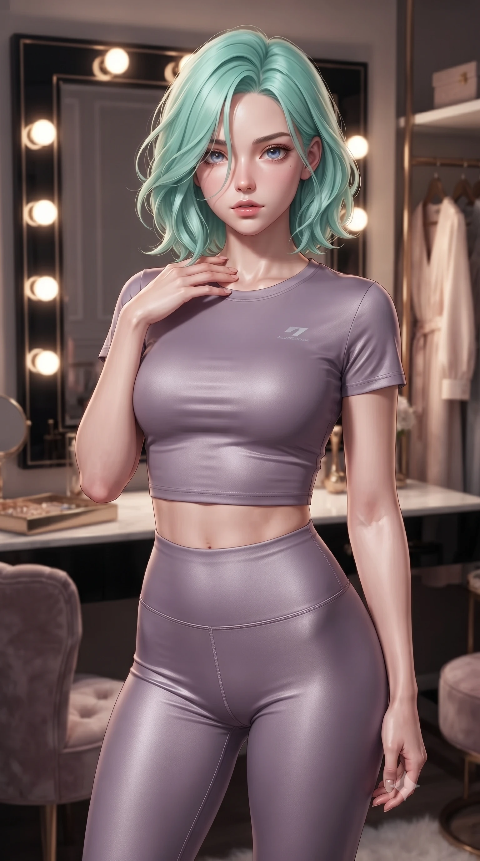 score_9, masterpiece, best quality, ultra-detailed, high-budget anime keyframe, editorial fashion photography, tasteful artistic composition, Japanese woman woman. close-up cowboy shot from the waist and thighs up, the character dominates the composition, filling the frame with her large presence, background elements kept in soft focus. standing with one hand resting on her collarbone, looking at the viewer with bedroom-eyes the background shows a soft-focus a private dressing room with a large vanity mirror of black glass and warm lightbulbs. She has an exceptionally elegant, slender, and willowy female figure with an ultra-slim waist, a gracefully sculpted slender torso, and a refined silhouette. sharp v-shaped jawline, high-bridge nose, intricate jewel-like eyes with depth, thick eyelashes, glossy lips with a natural sheen. wearing a body-hugging body-hugging activewear set of a crop tee and high-waisted leggings in dusty lavender. bright vanity spotlights casting detailed front lighting with soft back shadow. ultra-reflective glossy finish, specular highlights, metallic sheen, high-contrast stereoscopic depth, volumetric dynamic lighting, 2k, ultra detail, master piece, 9:16 ratio