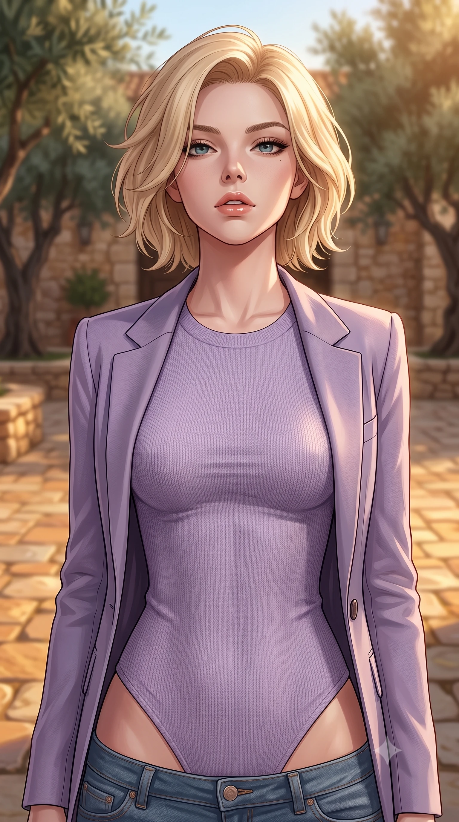 score_9, masterpiece, best quality, ultra-detailed, high-budget anime keyframe, editorial fashion photography, tasteful artistic composition, Caucasian woman woman. close-up cowboy shot from the waist and thighs up, the character dominates the composition, filling the frame with her large presence, background elements kept in soft focus. tilting her chin up slightly with lips parted in a composed, provocative expression the background shows a soft-focus a paved courtyard with olive trees and stone walls of a Spanish hacienda. She has an exceptionally elegant, slender, and willowy female figure with an ultra-slim waist, a gracefully sculpted slender torso, and a refined silhouette. sharp v-shaped jawline, high-bridge nose, intricate jewel-like eyes with depth, thick eyelashes, glossy lips with a natural sheen. wearing a tailored tight-fitting lavender knit bodysuit worn under a tailored open blazer and jeans. warm afternoon sunbeams coloring the stone walls in gold and amber tones. 2k, ultra detail, master piece, 9:16 ratio