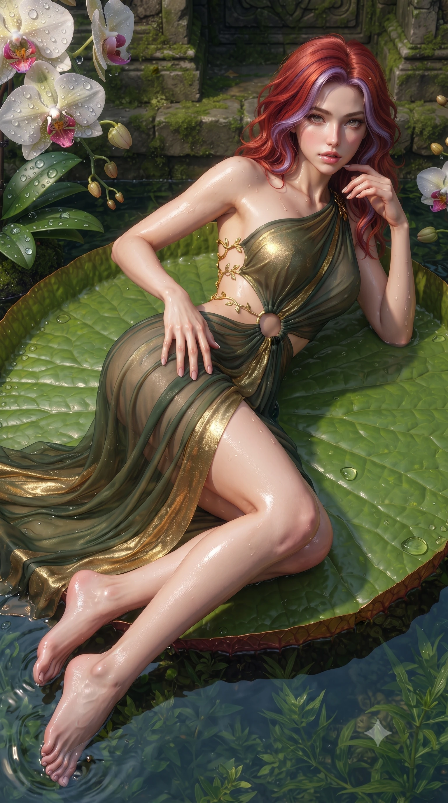 score_9, masterpiece, best quality, ultra-detailed, high-budget anime keyframe, editorial fashion photography, tasteful artistic composition, Caucasian woman. close-up cowboy shot from the waist and thighs up, the character dominates the composition, filling the frame with her large presence. resting one manicured hand delicately on her hip bone, her upper body turning in a fluid, seductive S-curve while parted lips glisten in the light while reclining face down atop a floating giant Victoria water lily pad with head turned toward the lens, legs playfully bent at the knees to highlight her hip silhouette. The surrounding environment is rendered in vivid detail and crisp panoramic clarity. detailed dew droplets on exotic orchids, wet skin water beads, and stone masonry in high clarity. She has an exceptionally elegant, slender, and willowy female figure with an ultra-slim waist, a gracefully sculpted slender torso, toned flat midriff, and rounded feminine hips creating an alluring hourglass silhouette. sharp v-shaped jawline, high-bridge nose, intricate jewel-like eyes with depth, thick eyelashes, glossy parted lips with a natural sheen, intensely captivating and seductive bedroom-eyes expression, flawlessly proportioned anatomical accuracy, strict slender model proportions, natural body alignment, perfectly sculpted long slender limbs, ultra-slim waistline, clean dynamic posture without body distortion. wearing a modern water-nymph one-shoulder gown with an exposed midriff ring cutout and floating chiffon skirt in deep moss green and shimmering gold foil, woven from sheer cascading chiffon that ripples like water with every step, finished with a dramatic open back secured by golden vine clasps, the liquid-tight tailored fabric clinging flawlessly to her narrow waist and rounded feminine hips, emphasizing every millimeter of her sculpted hourglass curves during movement. illuminated by wet specular highlights accentuating her slender neckline, sculpted waist, and rounded hips. ultra-reflective glossy finish, specular highlights, rich textural contrasts, high-contrast stereoscopic depth, volumetric dynamic lighting, 2k, ultra detail, master piece, 9:16 ratio