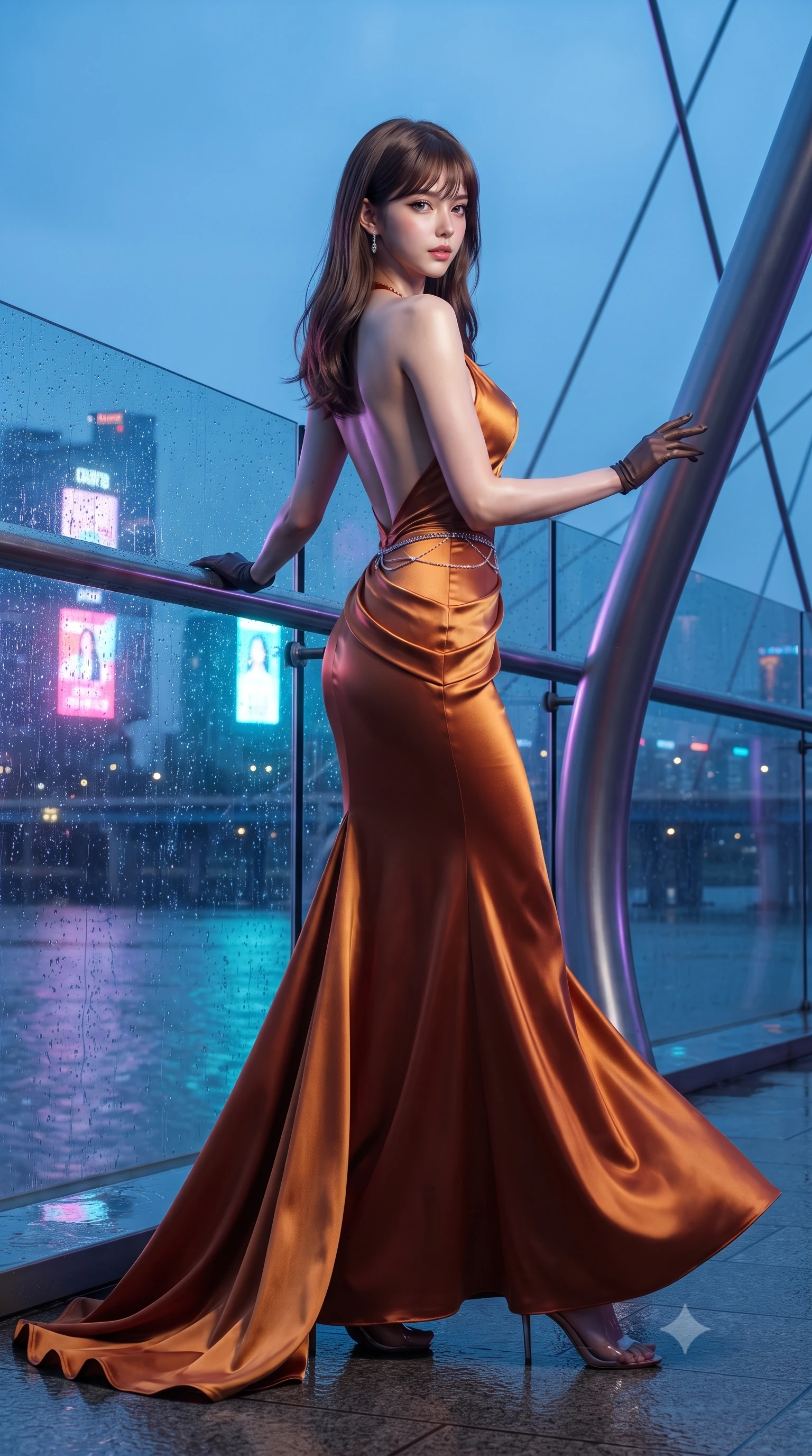 score_9, masterpiece, best quality, ultra-detailed, high-budget anime keyframe, editorial fashion photography, tasteful artistic composition, Korean woman. low angle full-body shot from head to toe showing her feet, filling the entire 9:16 vertical frame with her statuesque presence, stretching her vertical silhouette. striding forward in a proud supermodel runway stride, hips swaying in an alluring kinetic rhythm that accentuates her curvy hourglass silhouette while twisting her slender torso in an alluring contrapposto stance, resting one hand on the curved titanium support spar with smoldering bedroom-eyes as holographic city billboards shimmer behind her. The surrounding environment is rendered in vivid detail and crisp panoramic clarity. sharp structural titanium spar seams, rain droplet tracks on glass, and Han River suspension bridge cable tension in deep focus. She has an exceptionally tall and slender model-like 8.5-heads proportion, an ultra-slim waist, a flat toned midriff, narrow delicate ribcage, and beautifully sculpted feminine hips creating a graceful, slim hourglass silhouette without any bulky heaviness, with impossibly long slender legs. sharp v-shaped jawline, high-bridge nose, intricate jewel-like eyes with depth, thick eyelashes, glossy parted lips with a natural sheen, intensely captivating and seductive bedroom-eyes expression, flawlessly proportioned anatomical accuracy, strict slender model proportions, natural body alignment, perfectly sculpted long slender limbs, ultra-slim waistline, clean dynamic posture without body distortion. wearing an open-back duchess satin gala gown with a dramatic hip-hugging drape and cascading trailing hem in rich copper bronze and warm amber, made of fluid silk crepe with delicate inner corsetry boning, accented with a dainty diamond waist chain catching the ambient light reflections, the glove-like aerodynamic silhouette tightly following the natural contour of her hips and long slender legs with statuesque 8.5-heads elegance. bathed in vibrant violet and cyan neon underlights contrasting with cool blue hour ambient sky fill. ultra-reflective glossy finish, specular highlights, rich textural contrasts, high-contrast stereoscopic depth, volumetric dynamic lighting, 2k, ultra detail, master piece, 9:16 ratio