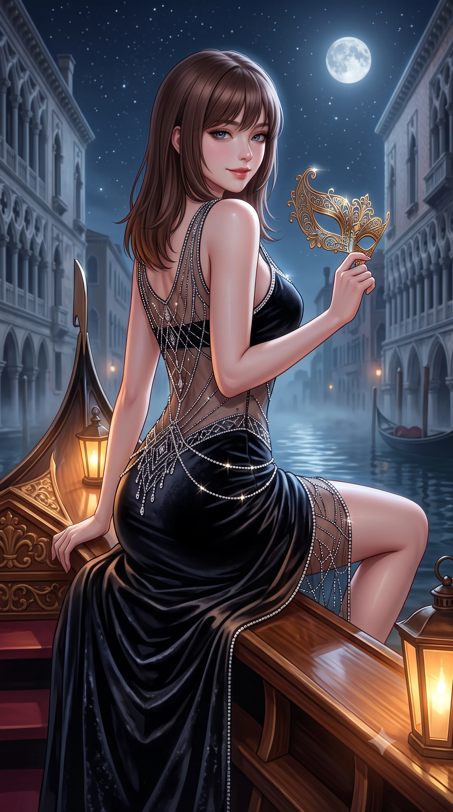 score_9, masterpiece, best quality, ultra-detailed, high-budget anime keyframe, semi-realistic 3D game render, editorial fashion photography, tasteful artistic composition, Korean woman. close-up cowboy shot from the waist and thighs up, the character dominates the composition, filling the frame with her large presence. turning over a bare shoulder with an intoxicating, teasing smile, her soft hair framing her sharp jawline as her hips angle gracefully while perching sideways on the polished wood gondola gunwale, looking back over a bare shoulder with an alluring, teasing smile as she holds an ornate filigree mask. The surrounding environment is rendered in vivid detail and crisp panoramic clarity. detailed mask filigree, silk dress drape folds, and starry night sky reflections in high resolution. She has an exceptionally elegant, slender, and willowy female figure with an ultra-slim waist, flat toned midriff, narrow ribcage, and sculpted feminine hips creating an alluring, slim hourglass silhouette without bulk. sharp v-shaped jawline, high-bridge nose, intricate jewel-like eyes with depth, thick eyelashes, glossy parted lips with a natural sheen, intensely captivating and seductive bedroom-eyes expression, flawlessly proportioned anatomical accuracy, strict slender model proportions, natural body alignment, perfectly sculpted long slender limbs, ultra-slim waistline, clean dynamic posture without body distortion. wearing a sheer vintage mesh flapper dress adorned with intricate geometric beadwork over an opaque silk slip in pitch-black velvet with diamond crystal trim, crafted from heavyweight crushed silk velvet with liquid vintage luster, accented with a dainty diamond waist chain catching the ambient light reflections, the glove-like aerodynamic silhouette tightly following the natural contour of her hips and long slender legs with statuesque 8.5-heads elegance. bathed in cool silver full-moon light streaming from above and warm amber gondola lantern uplights. highly saturated vibrant anime colors, detailed shading with soft gradients, rich glossy textures, high-contrast stereoscopic depth, volumetric dynamic lighting, master piece, 9:16 ratio
