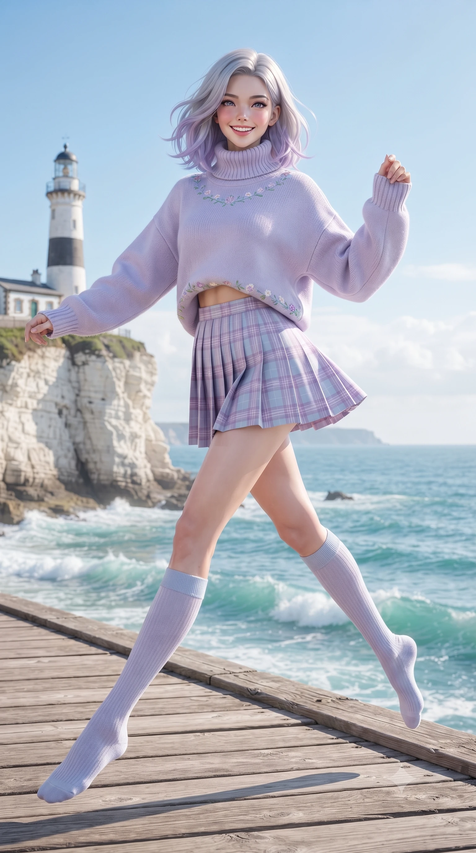 score_9, masterpiece, best quality, ultra-detailed, high-budget anime keyframe, editorial fashion photography, tasteful artistic composition, Caucasian woman. low angle full-body shot from head to toe showing her feet, filling the entire 9:16 vertical frame with her statuesque presence, stretching her vertical silhouette. leaping with lighthearted youthful energy across the natural path with a dazzling bright smile and balanced athletic poise while pausing near a charming coastal lighthouse, looking directly into the camera with twinkling, affectionate eyes. The surrounding environment is rendered in vivid detail and crisp panoramic clarity. crisp turquoise seafoam crests, dramatic white cliff strata, and wooden coastal walkway planks in sharp focus. She has an absolutely perfect, statuesque 8.5-heads proportion, an exceptionally tall and slender model-like female figure with impossibly long slender legs, a toned flat midriff, and an ultra-slim waist. sharp v-shaped jawline, high-bridge nose, intricate jewel-like eyes with depth, thick eyelashes, glossy lips with a natural sheen, pure and lovely fresh girlhood expression, flawlessly proportioned anatomical accuracy, strict slender model proportions, natural body alignment, perfectly sculpted long slender limbs, ultra-slim waistline, clean dynamic posture without body distortion. wearing a cozy oversized turtleneck knit jumper paired with a pleated plaid wool skirt and knee-high socks in soft pastel lavender and delicate sky blue, tailored from crisp organic cotton poplin, complemented by subtle floral embroidery along the neckline and hem, the relaxed yet flattering fit accentuating her naturally graceful and slender figure, highlighting her youthful charm and lovely silhouette. illuminated by crisp directional daylight defining her flawless features and slender silhouette. ultra-reflective glossy finish, specular highlights, rich natural textures, high-contrast stereoscopic depth, volumetric dynamic lighting, 2k, ultra detail, master piece, 9:16 ratio