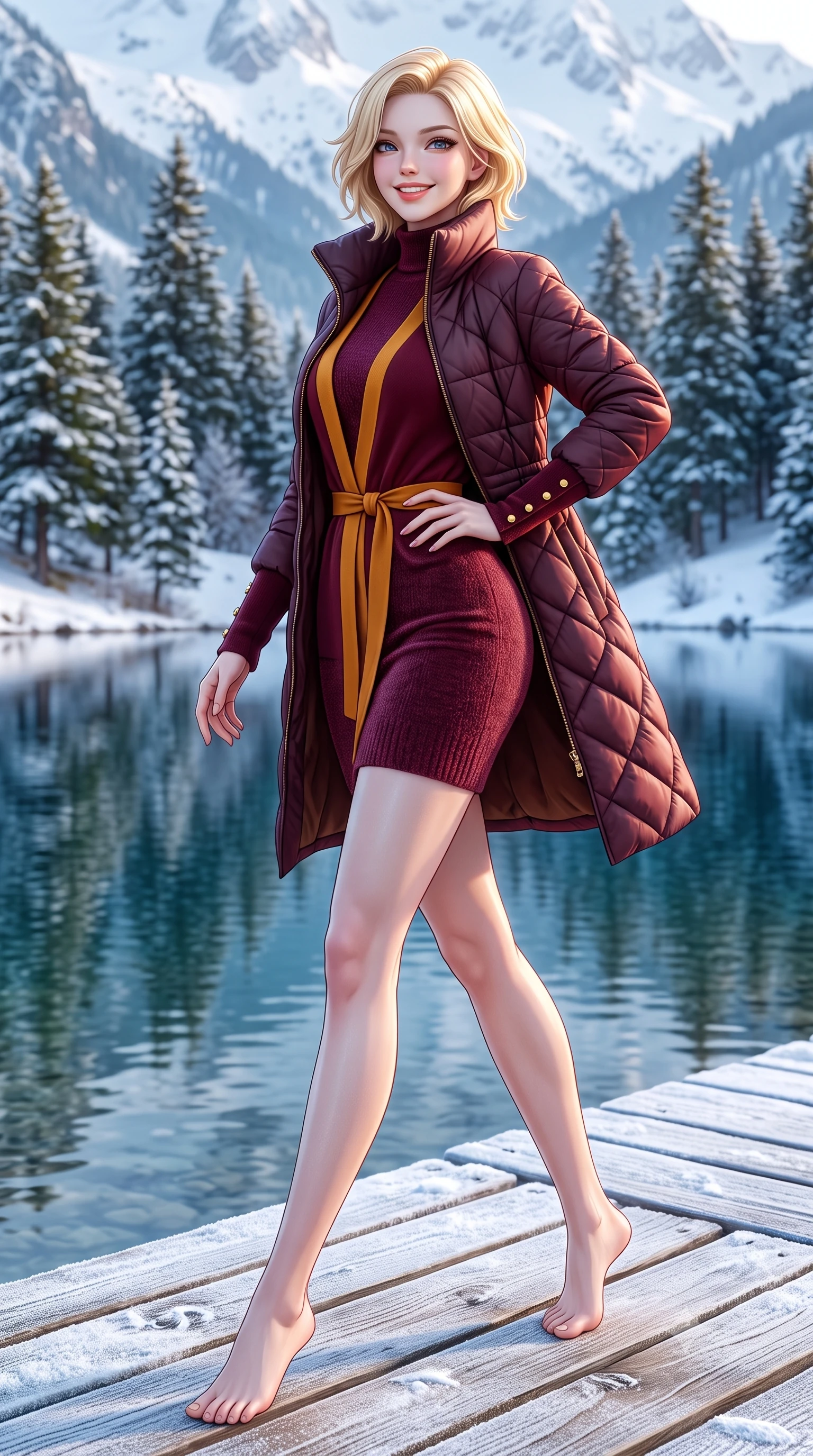 score_9, masterpiece, best quality, ultra-detailed, high-budget anime keyframe, semi-realistic 3D game render, editorial fashion photography, tasteful artistic composition, Caucasian woman. low angle full-body shot from head to toe showing her feet, filling the entire 9:16 vertical frame with her statuesque presence, stretching her vertical silhouette. walking briskly with tall supermodel strides, one hand placed on her narrow hip, her impossibly long slender legs commanding the frame while walking along the frosted wooden boardwalk beside the mirror-still alpine lake, glancing back over her shoulder with an infectious joyful smile. The surrounding environment is rendered in vivid detail and crisp panoramic clarity: detailed quilted down-tailored coat quilting, high funnel neck collar, and alpine lakeside topography in high resolution. She has an exceptionally tall and slender model-like 8.5-heads proportion, an ultra-slim waist, a flat toned midriff, narrow delicate ribcage, and beautifully sculpted feminine hips creating a graceful, slim hourglass silhouette without any bulky heaviness, with impossibly long slender legs. sharp v-shaped jawline, high-bridge nose, intricate jewel-like sparkling eyes with depth, thick eyelashes, glossy parted lips with a natural peach sheen, bright cheerful beaming smile with an enchanting and coquettish sensual glint, exuding both youthful cute charm and seductive allure, flawlessly proportioned anatomical accuracy, strict slender model proportions, natural body alignment, perfectly sculpted long slender limbs, ultra-slim waistline, clean dynamic posture without body distortion. wearing a form-fitting plush chenille knit bodycon dress hugging her torso and hips, layered with a belted open wool cardigan in rich Oxford burgundy and golden amber, woven from fluid liquid silk jersey that clings smoothly to her narrow waist and rounded hips with a dewy sheen, accented with delicate gold button studs trailing down the snug sleeve cuffs, the second-skin tailored fabric adhering flawlessly to her sculpted flat midriff and slender torso, emphasizing her long leg lines and perfectly proportioned willowy build. illuminated by frosted ground bounce and sharp crystalline rim lights defining her features, narrow waist, and statuesque height. highly saturated vibrant anime colors, detailed shading with soft gradients, rich glossy textures, high-contrast stereoscopic depth, volumetric dynamic lighting, master piece, 9:16 ratio