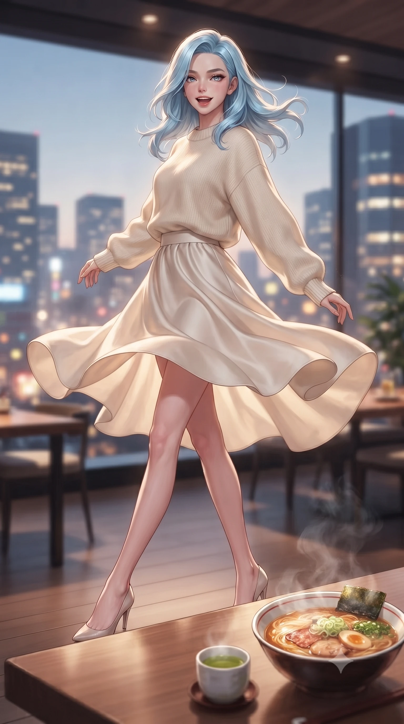score_9, masterpiece, best quality, ultra-detailed, high-budget anime keyframe, editorial fashion photography, tasteful artistic composition, Korean woman. low angle full-body shot from head to toe showing her feet, filling the entire 9:16 vertical frame with her statuesque presence, stretching her vertical silhouette. twirling around with a playful, cute laugh, her skirt billowing beautifully in the air set against a soft-focus background of inside a modern rooftop restaurant overlooking a bright city skyline with a steaming bowl of ramen and a small cup of hot green tea nearby. She has an absolutely perfect, statuesque 8.5-heads proportion, an exceptionally tall and slender model-like female figure with impossibly long slender legs and an ultra-slim waist. sharp v-shaped jawline, high-bridge nose, intricate jewel-like eyes with depth, thick eyelashes, glossy lips with a natural sheen. wearing tailored cozy cashmere sweater in cream, paired with a satin midi skirt. gentle, warm ambient lighting highlighting the delicious food and her face. ultra-reflective glossy finish, specular highlights, metallic sheen, high-contrast stereoscopic depth, volumetric dynamic lighting, 2k, ultra detail, master piece, 9:16 ratio