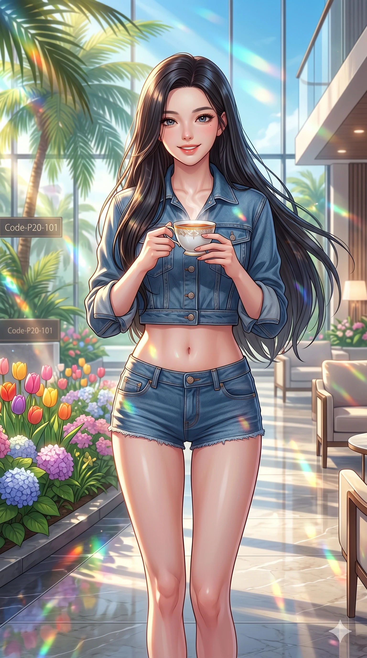 score_9, masterpiece, best quality, ultra-detailed, high-budget anime keyframe, vibrant anime aesthetic, Korean woman. cowboy shot from the thighs up, character and outfit filling the frame for maximum presence. She is holding a cup of tea, smiling warmly with a gentle and cheerful gaze by a modern resort lobby with palm gardens (Code-P20-101). She has an absolutely perfect 8-heads proportion, an exceptionally tall and slender female figure with impossibly long slender legs and an ultra-slim waist. V-shaped jawline, high-bridge nose, intricate jewel-like eyes with depth, thick eyelashes, glossy lips with a natural sheen. wearing a cropped denim jacket showing her exposed midriff and micro-shorts. She is lit by bright sunbeams reflecting off spring flowers, casting colorful highlights. 2k, ultra detail, master piece, 9:16 ratio