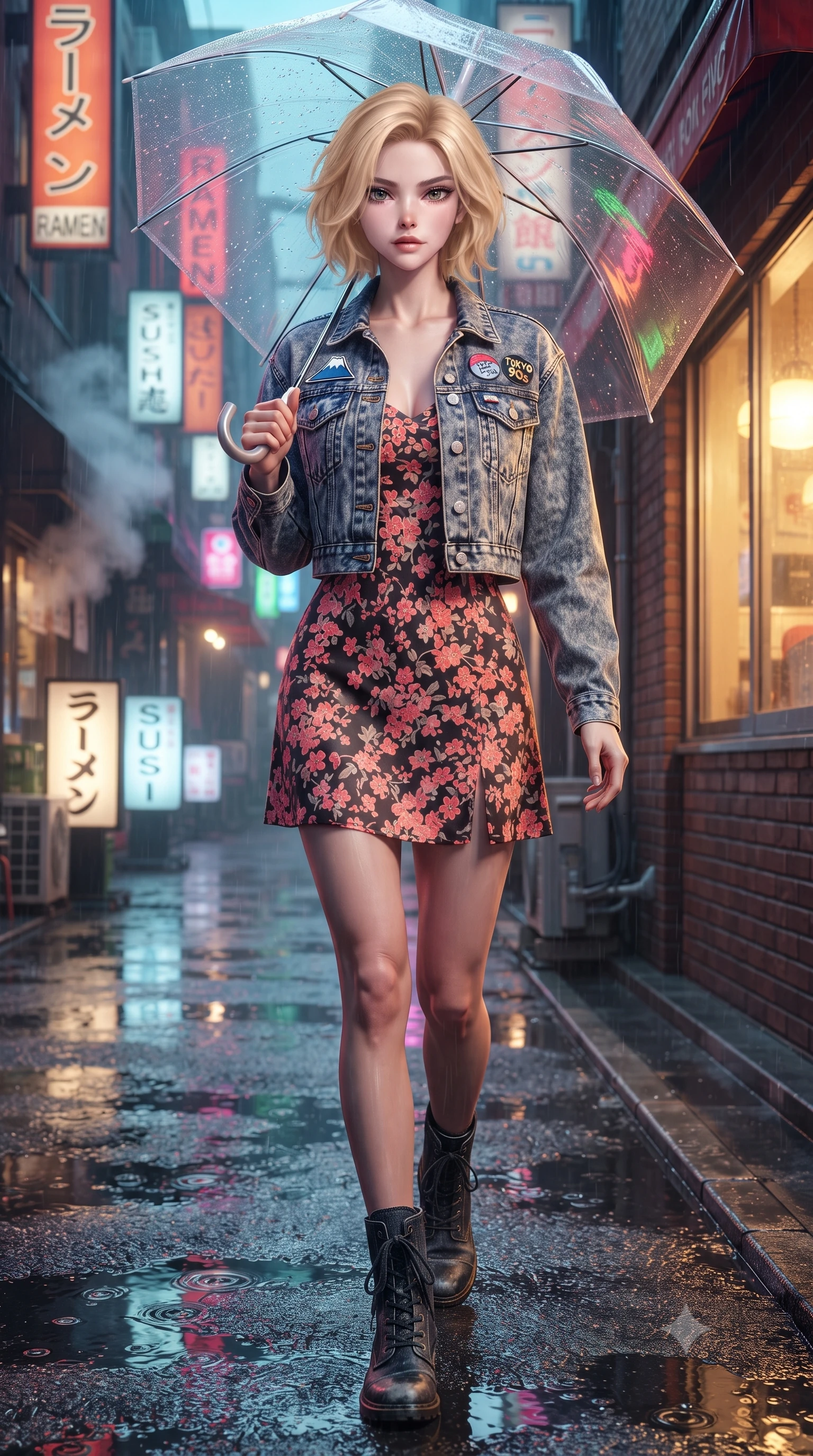 score_9, masterpiece, best quality, ultra-detailed, high-budget anime keyframe, editorial fashion photography, tasteful artistic composition, Caucasian woman. close-up cowboy shot from the waist and thighs up, the character dominates the composition, filling the frame with her large presence. tilting her chin up with proud, sovereign confidence while gazing directly into the lens with thick, dark eyelashes while strolling along a rain-drenched 1990s Tokyo neon back-alley, holding a transparent umbrella that catches vivid reflections. The composition keeps background elements in soft focus with creamy bokeh. steaming ramen shop vents and classic brick storefronts softened in romantic 35mm shallow focus. She has an exceptionally elegant, slender, and willowy female figure with an ultra-slim waist, a gracefully sculpted slender torso, toned flat midriff, and a refined slim silhouette. sharp v-shaped jawline, high-bridge nose, intricate jewel-like eyes with depth, thick eyelashes, glossy lips with a natural sheen, captivating and magnetic expression, flawlessly proportioned anatomical accuracy, strict slender model proportions, natural body alignment, perfectly sculpted long slender limbs, ultra-slim waistline, clean dynamic posture without body distortion. wearing a classic cropped acid-wash denim jacket paired with a floral print slip dress and combat boots in retro neon coral and washed black denim, crafted from distressed supple genuine leather and soft ribbed cotton knit, finished with retro enamel varsity pins and classic leather loafers, the precision-cut daring openings accentuating her delicate midriff, graceful bare collarbones, and ultra-slim feminine waistline. illuminated by warm golden diner window key light sculpting her cheekbones and joyful expression. ultra-reflective glossy finish, specular highlights, rich textural contrasts, high-contrast stereoscopic depth, volumetric dynamic lighting, 2k, ultra detail, master piece, 9:16 ratio