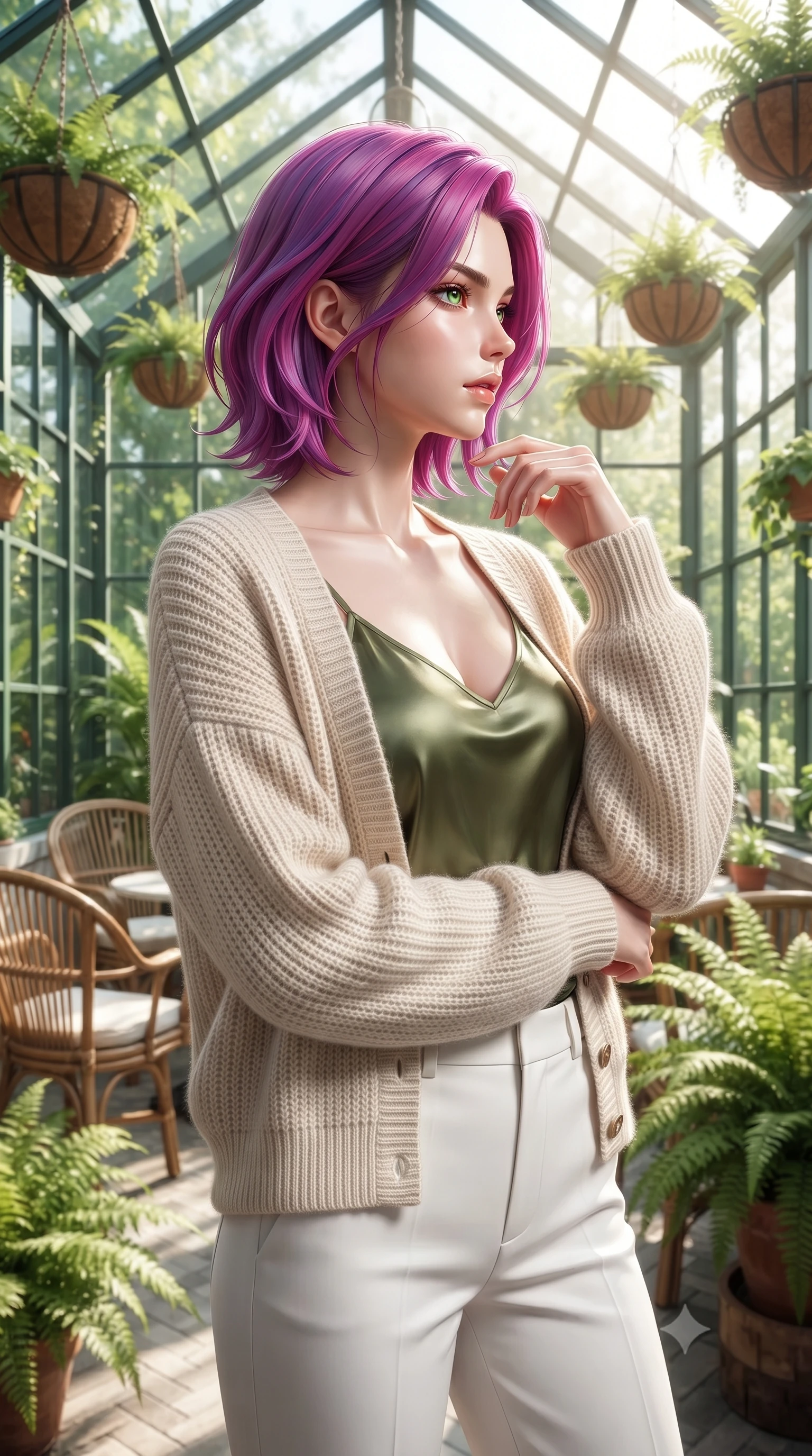 score_9, masterpiece, best quality, ultra-detailed, high-budget anime keyframe, editorial fashion photography, tasteful artistic composition, Caucasian woman woman. close-up cowboy shot from the waist and thighs up, the character dominates the composition, filling the frame with her large presence, background elements kept in soft focus. turning her face in sharp profile, casting a cold, mysterious, yet intensely sensual side gaze the background shows a soft-focus a café situated inside a renovated glass greenhouse, with hanging plant baskets and rattan chairs. She has an exceptionally elegant, slender, and willowy female figure with an ultra-slim waist, a gracefully sculpted slender torso, and a refined silhouette. sharp v-shaped jawline, high-bridge nose, intricate jewel-like eyes with depth, thick eyelashes, glossy lips with a natural sheen. wearing a tailored cozy cream cardigan worn over an olive green silk camisole and tailored white trousers. bright afternoon sun rays illuminating the entire green space. ultra-reflective glossy finish, specular highlights, metallic sheen, high-contrast stereoscopic depth, volumetric dynamic lighting, 2k, ultra detail, master piece, 9:16 ratio