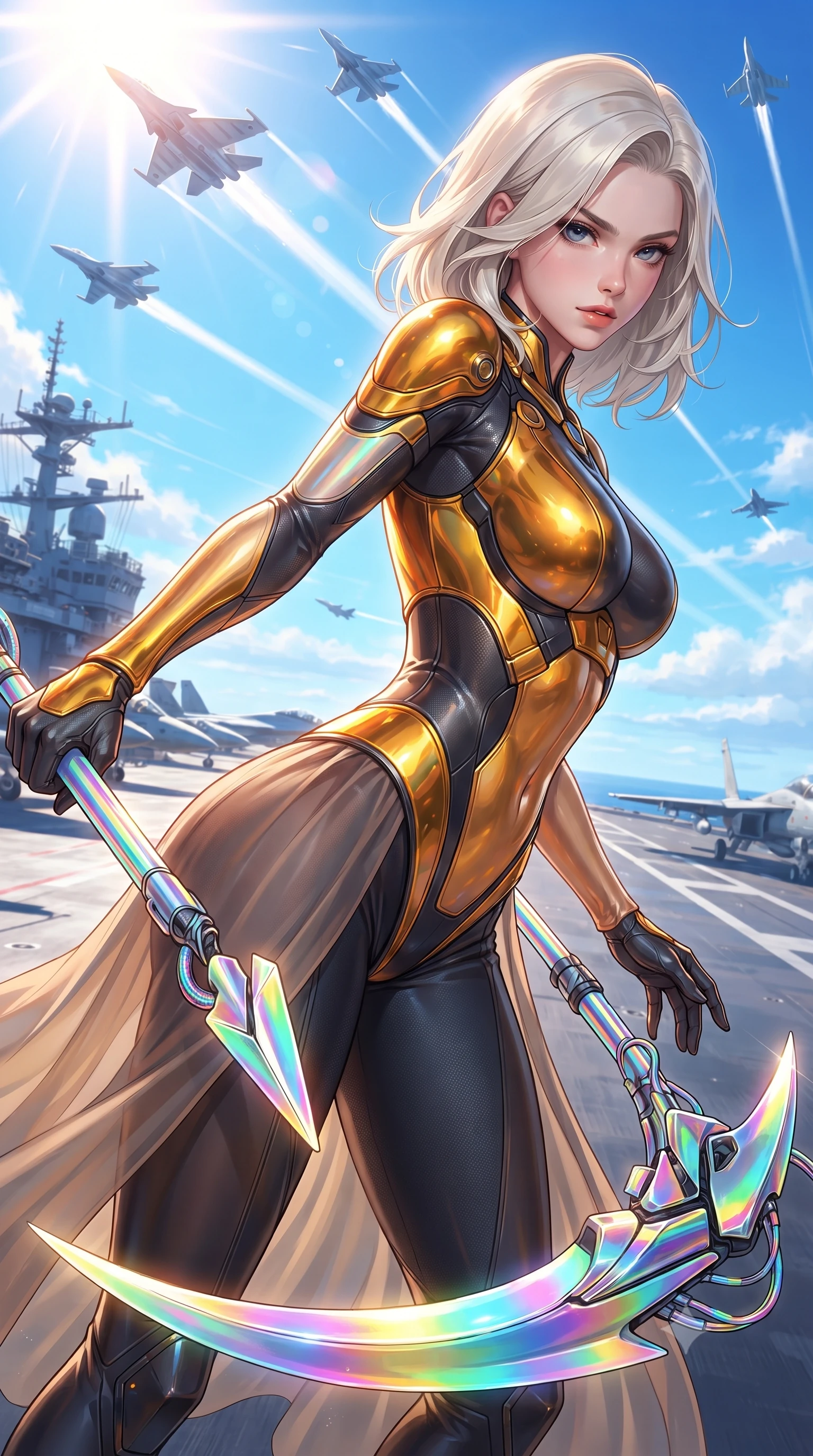 score_9, masterpiece, best quality, ultra-detailed, high-budget anime keyframe, editorial fashion photography, tasteful artistic composition, Caucasian woman. close-up cowboy shot from the waist and thighs up, the character dominates the composition, filling the frame with her large presence. stretching forward with an alluring arch of her spine, glancing over her shoulder with divine self-assurance and magnetic intensity while arching her back in fluid poise as supersonic jet fighters streak overhead through brilliant high-altitude sunlight. The surrounding environment is rendered in vivid detail and crisp panoramic clarity. vibrant high-contrast daylight and advanced aerospace carrier engineering in panoramic precision. She has an exceptionally elegant, slender, and willowy female figure with an ultra-slim waist, a gracefully sculpted slender torso, toned flat midriff, and a refined slim silhouette. sharp v-shaped jawline, high-bridge nose, intricate jewel-like eyes with depth, thick eyelashes, glossy lips with a natural sheen, flawlessly proportioned anatomical accuracy, strict slender model proportions, natural body alignment, perfectly sculpted long slender limbs, ultra-slim waistline, clean dynamic posture without body distortion. wearing a sculpted molten-gold and dark carbon cuirass paired with high-mobility combat leggings and sheer side drapes, wielding a glowing plasma energy scythe with fluid grace in high-gloss iridescent rainbow carbon with prism holographic sheen, crafted from ultra-strong woven carbon-fiber composite with a satin luster, accented with glowing fiber-optic conduits tracing her collarbones and hip curves, the form-contouring material adhering flawlessly to her sculpted flat midriff and slender torso, emphasizing her long leg lines and perfectly proportioned willowy build. surrounded by an elevated, supreme, and radiantly commanding aerospace goddess aura. ultra-reflective glossy finish, specular highlights, dark metallic sheen, high-contrast stereoscopic depth, volumetric dynamic lighting, 2k, ultra detail, master piece, 9:16 ratio