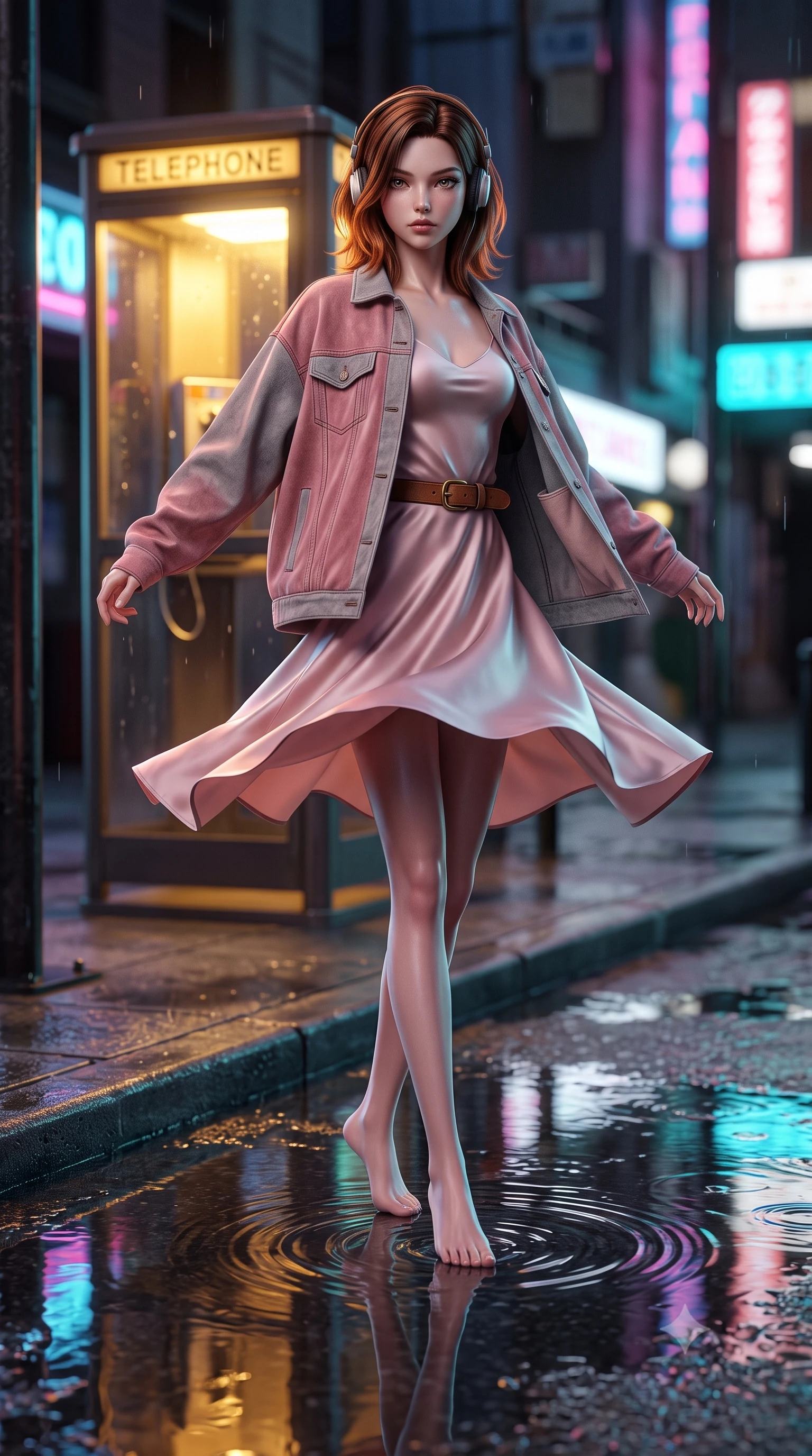 score_9, masterpiece, best quality, ultra-detailed, high-budget anime keyframe, semi-realistic 3D game render, editorial fashion photography, tasteful artistic composition, Korean woman. low angle full-body shot from head to toe showing her feet, filling the entire 9:16 vertical frame with her statuesque presence, stretching her vertical silhouette. executing an elegant mid-motion spin with effortless grace, her garments fluttering softly around her ultra-slim waistline while twirling on the wet sidewalk corner as neon reflection puddles create mirror images of her slender silhouette. The composition keeps background elements in soft focus with creamy bokeh. refracted telephone booth light rays and splashing puddle ripples scattering shimmering light motes. She has an absolutely perfect, statuesque 8.5-heads proportion, an exceptionally tall and slender model-like female figure with impossibly long slender legs, a toned flat midriff, and an ultra-slim waist. sharp v-shaped jawline, high-bridge nose, intricate jewel-like eyes with depth, thick eyelashes, glossy lips with a natural sheen, captivating and magnetic expression, flawlessly proportioned anatomical accuracy, strict slender model proportions, natural body alignment, perfectly sculpted long slender limbs, ultra-slim waistline, clean dynamic posture without body distortion. wearing a romantic 90s silk satin slip dress layered under an unbuttoned vintage oversized denim jacket in dusty rose pink and vintage heather grey, tailored from velvety soft genuine suede with classic stitched seams, accessorized with a classic leather belt with brass buckle and retro on-ear foam headphones, the form-contouring material adhering flawlessly to her sculpted flat midriff and slender torso, emphasizing her long leg lines and perfectly proportioned willowy build. bathed in cozy yellow interior phone booth lamp light contrasting with cool neon street reflections outside. highly saturated vibrant anime colors, detailed shading with soft gradients, rich glossy textures, high-contrast stereoscopic depth, volumetric dynamic lighting, master piece, 9:16 ratio