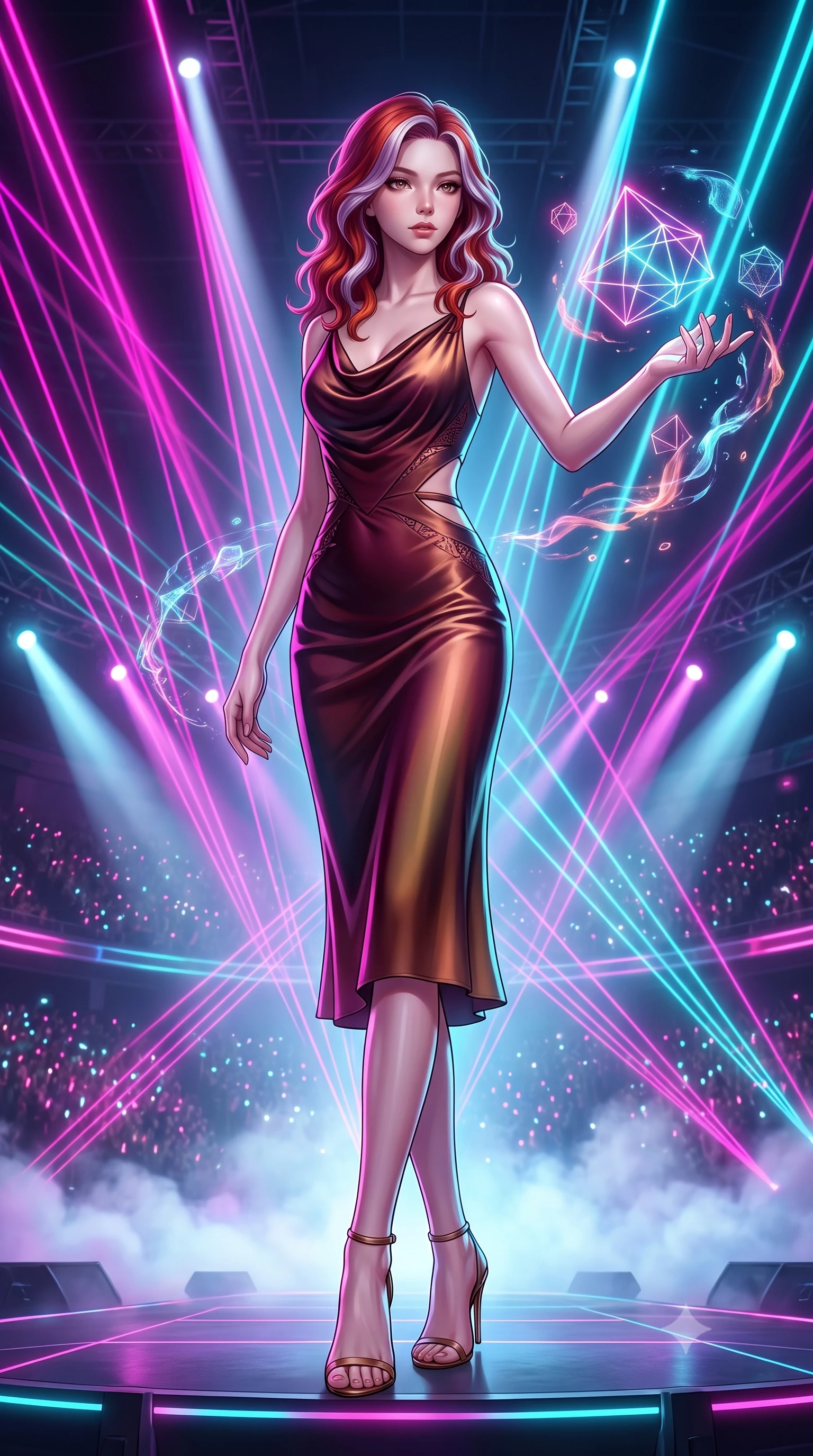 score_9, masterpiece, best quality, ultra-detailed, high-budget anime keyframe, editorial fashion photography, tasteful artistic composition, Caucasian woman. low angle full-body shot from head to toe showing her feet, filling the entire 9:16 vertical frame with her statuesque presence, stretching her vertical silhouette. interacting gracefully with the magical floating elements while maintaining a confident posture standing in the spotlight on a massive stadium concert stage with background laser beams, intense volumetric laser beams cutting through stage fog in magenta and cyan. She has an absolutely perfect, statuesque 8.5-heads proportion, an exceptionally tall and slender model-like female figure with impossibly long slender legs and an ultra-slim waist. sharp v-shaped jawline, high-bridge nose, intricate jewel-like eyes with depth, thick eyelashes, glossy lips with a natural sheen. wearing an elegant cowl-neck satin midi dress with a draped neckline in deep burgundy and bronze, crafted from lustrous satin jersey with fluid draping, featuring subtle geometric cutouts that highlight her ultra-slim midriff, the sleek second-skin texture accentuating her magnetic presence. bathed in intense volumetric stage spotlights and vivid neon rim lights. highly saturated vibrant anime colors, detailed shading with soft gradients, rich glossy textures, high-contrast stereoscopic depth, volumetric dynamic lighting, master piece, 9:16 ratio
