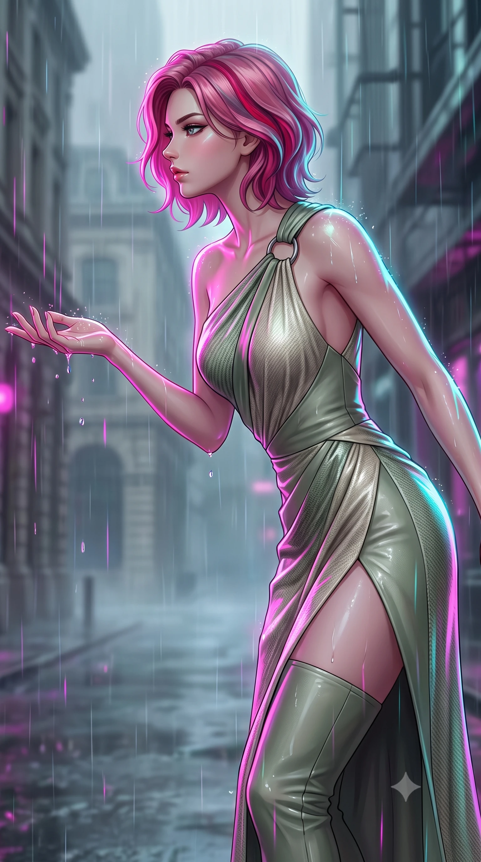 score_9, masterpiece, best quality, ultra-detailed, high-budget anime keyframe, editorial fashion photography, tasteful artistic composition, Caucasian woman. close-up cowboy shot from the waist and thighs up, the character dominates the composition, filling the frame with her large presence, background elements kept in soft focus. Turning her face in sharp profile while her upper body leans forward with poised athletic grace while reaching forward with one hand to catch rain droplets catching neon speculars, soft urban mist scattering vibrant magenta and cyan neon rim light around her form. She has an exceptionally elegant, slender, and willowy female figure with an ultra-slim waist, a gracefully sculpted slender torso, and a refined silhouette. sharp v-shaped jawline, high-bridge nose, intricate jewel-like eyes with depth, thick eyelashes, glossy lips with a natural sheen, flawlessly proportioned anatomical accuracy, natural body alignment, perfectly sculpted elegant limbs, clean dynamic posture without body distortion. wearing an asymmetrical Grecian draped chiffon gown with a metallic shoulder ring in sage green and oatmeal, made of fine carbon-fiber weave and soft matte leather, finished with a sleek side slit ascending to mid-thigh, the sleek second-skin texture accentuating her magnetic presence. drenched in wet neon reflections with brilliant specular highlights on her silhouette. highly saturated vibrant anime colors, detailed shading with soft gradients, rich glossy textures, high-contrast stereoscopic depth, volumetric dynamic lighting, master piece, 9:16 ratio