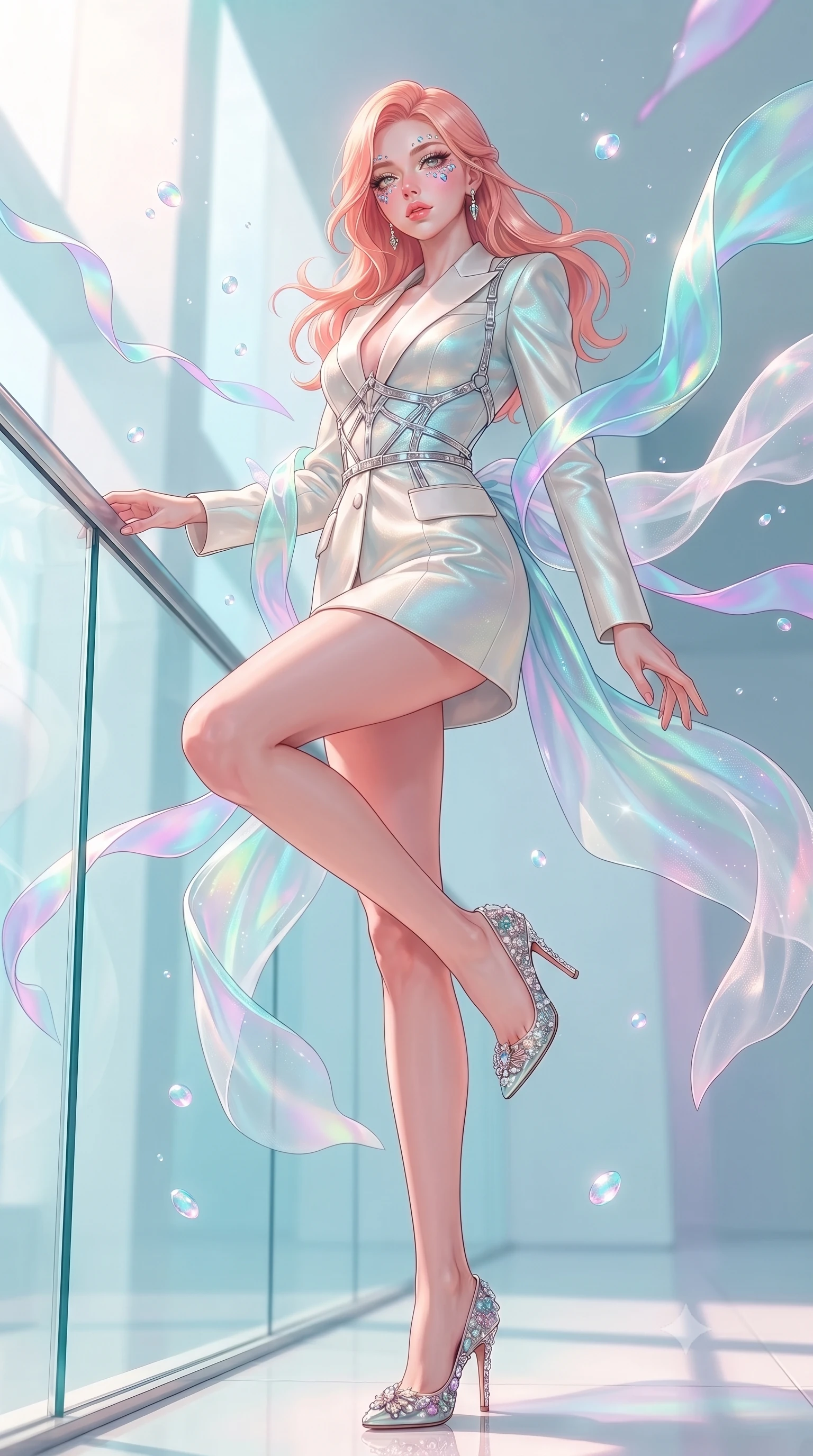score_9, masterpiece, best quality, ultra-detailed, high-budget anime keyframe, editorial fashion photography, tasteful artistic composition, Japanese woman. low angle full-body shot from head to toe showing her feet, filling the entire 9:16 vertical frame with her statuesque presence, stretching her vertical silhouette. interacting with floating opal particles, her long slender legs poised in motion, resting against a glass balustrade as iridescent silk ribbons float around her, translucent organza fabric catching light and shifting from opal to turquoise and magenta. She has an absolutely perfect, statuesque 8.5-heads proportion, an exceptionally tall and slender model-like female figure with impossibly long slender legs and an ultra-slim waist. sharp v-shaped jawline, high-bridge nose, intricate jewel-like eyes with depth, thick eyelashes, glossy lips with a natural sheen. wearing tailored ivory tux dress with satin lapels and fitted waist in pearl white, made of iridescent turquoise taffeta, highlighted by a platinum metallic harness structure, accentuating her gracefully sculpted slender torso. bathed in soft airy daylight with pastel turquoise and magenta highlights. highly saturated vibrant anime colors, detailed shading with soft gradients, rich glossy textures, high-contrast stereoscopic depth, volumetric dynamic lighting, master piece, 9:16 ratio