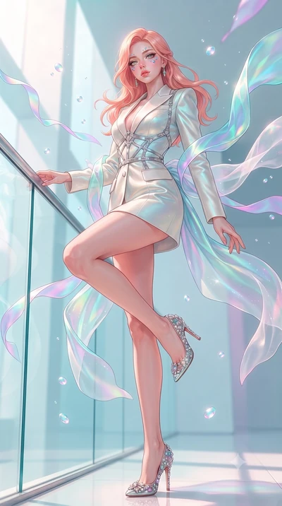 score_9, masterpiece, best quality, ultra-detailed, high-budget anime keyframe, editorial fashion photography, tasteful artistic composition, Japanese woman. low angle full-body shot from head to toe showing her feet, filling the entire 9:16 vertical