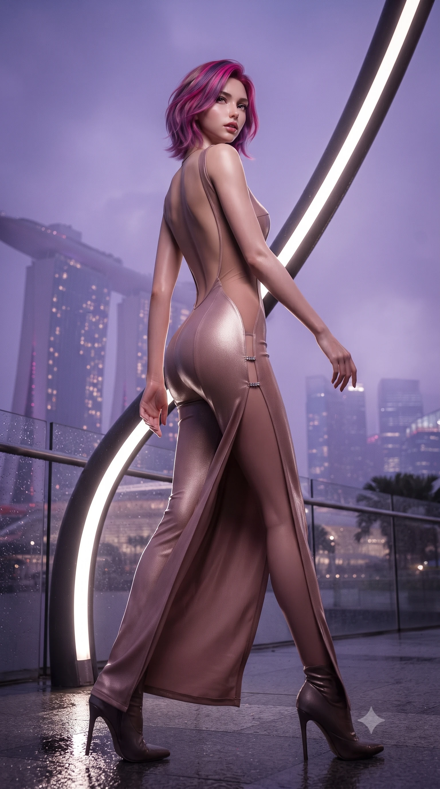 score_9, masterpiece, best quality, ultra-detailed, high-budget anime keyframe, editorial fashion photography, tasteful artistic composition, Caucasian woman. low angle full-body shot from head to toe showing her feet, filling the entire 9:16 vertical frame with her statuesque presence, stretching her vertical silhouette. striding forward in a proud supermodel runway stride, hips swaying in an alluring kinetic rhythm that accentuates her curvy hourglass silhouette while twisting her slender torso in an alluring contrapposto stance beside a curved carbon support strut, the illuminated Marina Bay Sands towers shimmering in the purple haze. The composition keeps background elements in soft focus with creamy bokeh. distant futuristic marina skyscrapers and tropical mist clouds softened in sleek cyberpunk shallow focus. She has an exceptionally tall and slender model-like 8.5-heads proportion, an ultra-slim waist, a flat toned midriff, narrow delicate ribcage, and beautifully sculpted feminine hips creating a graceful, slim hourglass silhouette without any bulky heaviness, with impossibly long slender legs. sharp v-shaped jawline, high-bridge nose, intricate jewel-like eyes with depth, thick eyelashes, glossy parted lips with a natural sheen, intensely captivating and seductive bedroom-eyes expression, flawlessly proportioned anatomical accuracy, strict slender model proportions, natural body alignment, perfectly sculpted long slender limbs, ultra-slim waistline, clean dynamic posture without body distortion. wearing a second-skin compression catsuit with an open back and sheer mesh side waist contouring in dusky blush rose and champagne shimmer, formed from supple second-skin lambskin leather with specular sheen, finished with an ultra-high side slit secured by miniature jeweled clasps, the dramatically scooped open back descending to the base of her spine, accentuating her razor-sharp statuesque lines and slim hourglass silhouette. illuminated by wet glass specular reflections sculpting her razor-sharp jawline, narrow waist, and curvy hips. ultra-reflective glossy finish, specular highlights, rich textural contrasts, high-contrast stereoscopic depth, volumetric dynamic lighting, 2k, ultra detail, master piece, 9:16 ratio