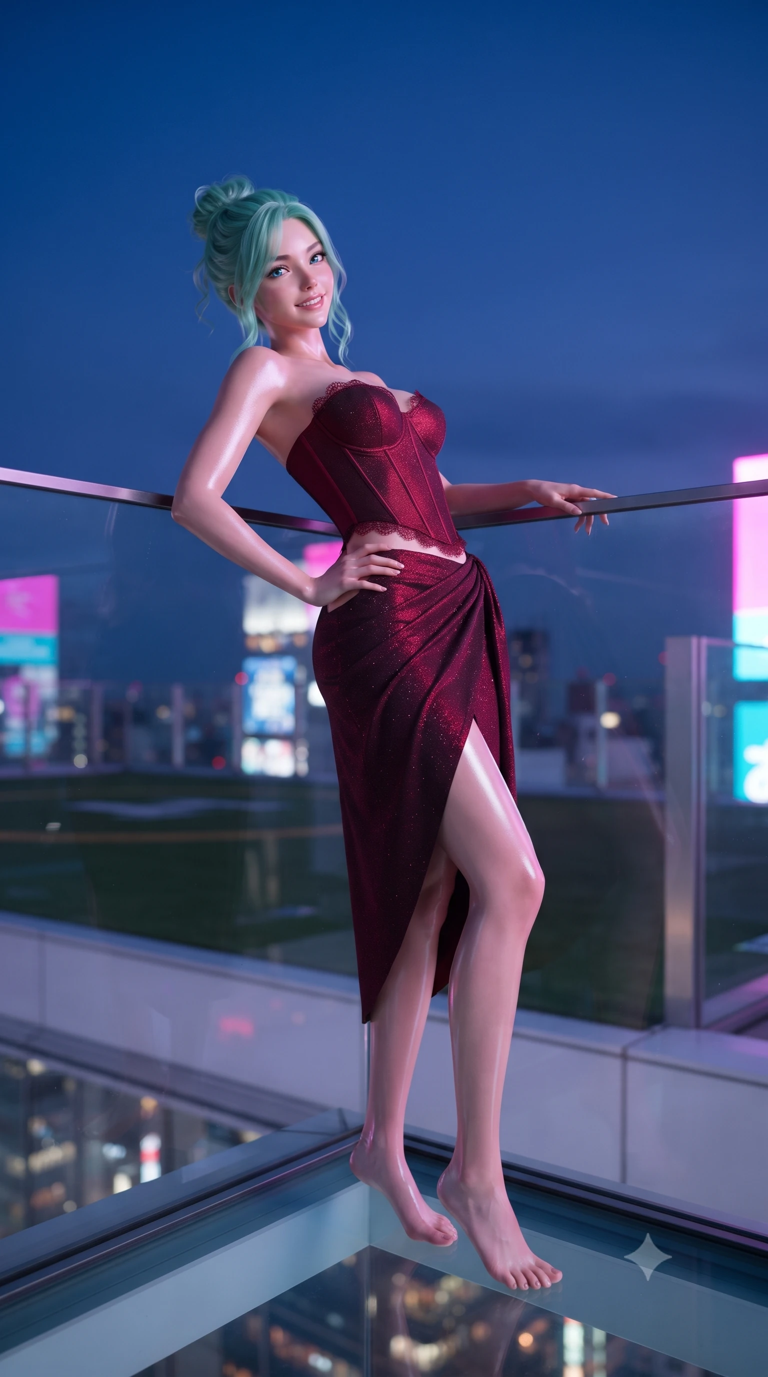 score_9, masterpiece, best quality, ultra-detailed, high-budget anime keyframe, editorial fashion photography, tasteful artistic composition, Japanese woman. low angle full-body shot from head to toe showing her feet, filling the entire 9:16 vertical frame with her statuesque presence, stretching her vertical silhouette. leaning deep against the balcony balustrade with hips cocked back in an unapologetically alluring high-fashion stance, casting an intoxicating glance while standing poised on the glass corner platform 230 meters above Shibuya, arching her spine with supermodel poise as twilight deepens. The background shows a soft-focus rooftop helipad turf and glass railing softened in vertiginous cyberpunk fashion shallow focus. She has an exceptionally tall and slender model-like 8.5-heads proportion, an ultra-slim waist, a flat toned midriff, narrow delicate ribcage, and beautifully sculpted feminine hips creating a graceful, slim hourglass silhouette without any bulky heaviness, with impossibly long slender legs. sharp v-shaped jawline, high-bridge nose, intricate jewel-like sparkling eyes with depth, thick eyelashes, glossy parted lips with a natural peach sheen, bright cheerful beaming smile with an enchanting and coquettish sensual glint, exuding both youthful cute charm and seductive allure, flawlessly proportioned anatomical accuracy, strict slender model proportions, natural body alignment, perfectly sculpted long slender limbs, ultra-slim waistline, clean dynamic posture without body distortion. wearing a sculpted sweetheart-neckline boned corset top paired with an asymmetric draped wrap skirt with daring leg opening in rich ruby crimson and dark brushed titanium, woven from stretch metallic lurex jersey casting radiant starlight glints across her curves, finished with scalloped eyelash lace trim framing her sweetheart neckline with intimate elegance, the precision-cut side openings and low-back scoop framing her graceful spine and the sensual sweep of her slim, toned hips. bathed in the breathtaking contrast of violet dusk sky and blinding saturated neon magenta and cyan billboard backlighting. ultra-reflective glossy finish, specular highlights, rich textural contrasts, high-contrast stereoscopic depth, volumetric dynamic lighting, 2k, ultra detail, master piece, 9:16 ratio