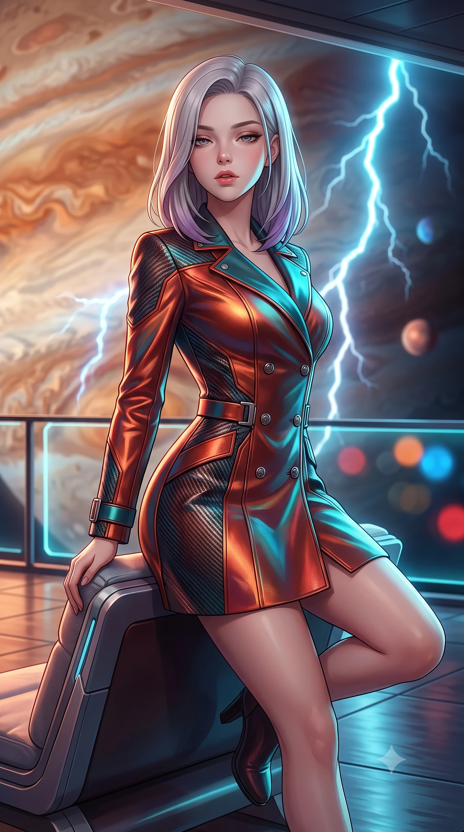 score_9, masterpiece, best quality, ultra-detailed, high-budget anime keyframe, semi-realistic 3D game render, editorial fashion photography, tasteful artistic composition, Caucasian woman. close-up cowboy shot from the waist and thighs up, the character dominates the composition, filling the frame with her large presence. perched sideways on the lounge seat, one knee drawn up to showcase her slender leg line while her arched back accentuates her feminine hip curve while leaning against the plasma-shielded balcony with hips cocked back, watching colossal blue atmospheric lightning flashes with heavy-lidded bedroom-eyes. The background shows a soft-focus churning amber and terracotta cloud bands of Jupiter, crackling mega-lightning bolts, and distant orbital moons blurred into crimson, tangerine, and electric blue bokeh. She has an exceptionally elegant, slender, and willowy female figure with an ultra-slim waist, flat toned midriff, narrow ribcage, and sculpted feminine hips creating an alluring, slim hourglass silhouette without bulk. sharp v-shaped jawline, high-bridge nose, intricate jewel-like sparkling eyes with depth, thick eyelashes, glossy parted lips with a natural peach sheen, bright cheerful beaming smile with an enchanting and coquettish sensual glint, exuding both youthful cute charm and seductive allure, flawlessly proportioned anatomical accuracy, strict slender model proportions, natural body alignment, perfectly sculpted long slender limbs, ultra-slim waistline, clean dynamic posture without body distortion. wearing a tailored double-breasted iridescent silk lamé coat dress with metallic button closures in cyber-shinto vermilion and electric teal, woven from structured carbon-fiber jacquard with rich textural depth, finished with sleek magnetic buckle closures fluttering in the breeze, the bespoke structured tailoring following the natural line of her 8.5-heads silhouette with refined elegance. illuminated by deck reflection bounce and sharp cyan-white lightning rim lights defining her jawline, narrow waist, and curvy hips. highly saturated vibrant anime colors, detailed shading with soft gradients, rich glossy textures, high-contrast stereoscopic depth, volumetric dynamic lighting, master piece, 9:16 ratio